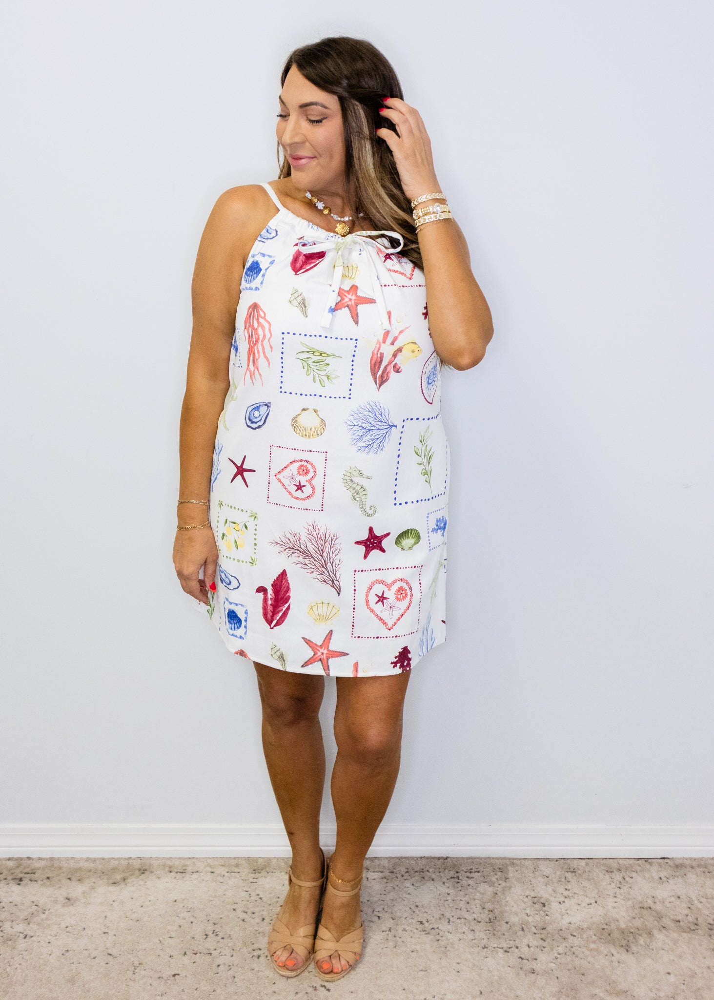 White Beach Print Halter Dress