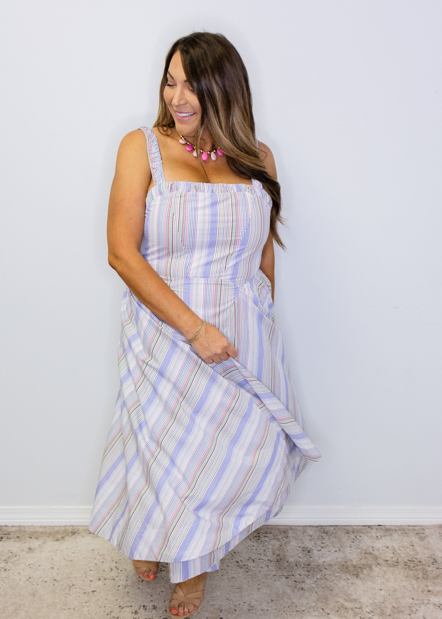 Multi Stripe Smocked Midi Dress
