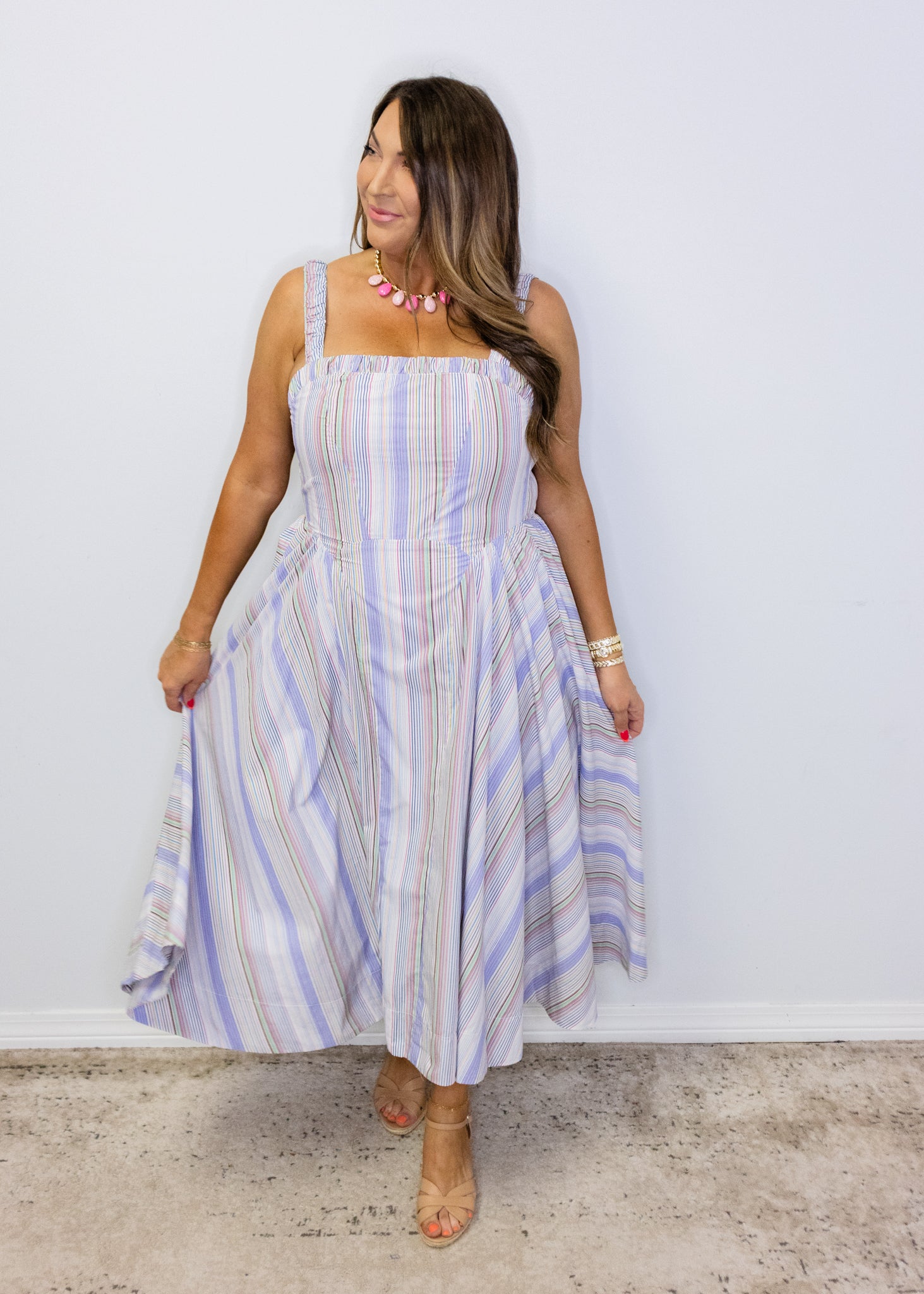 Multi Stripe Smocked Midi Dress