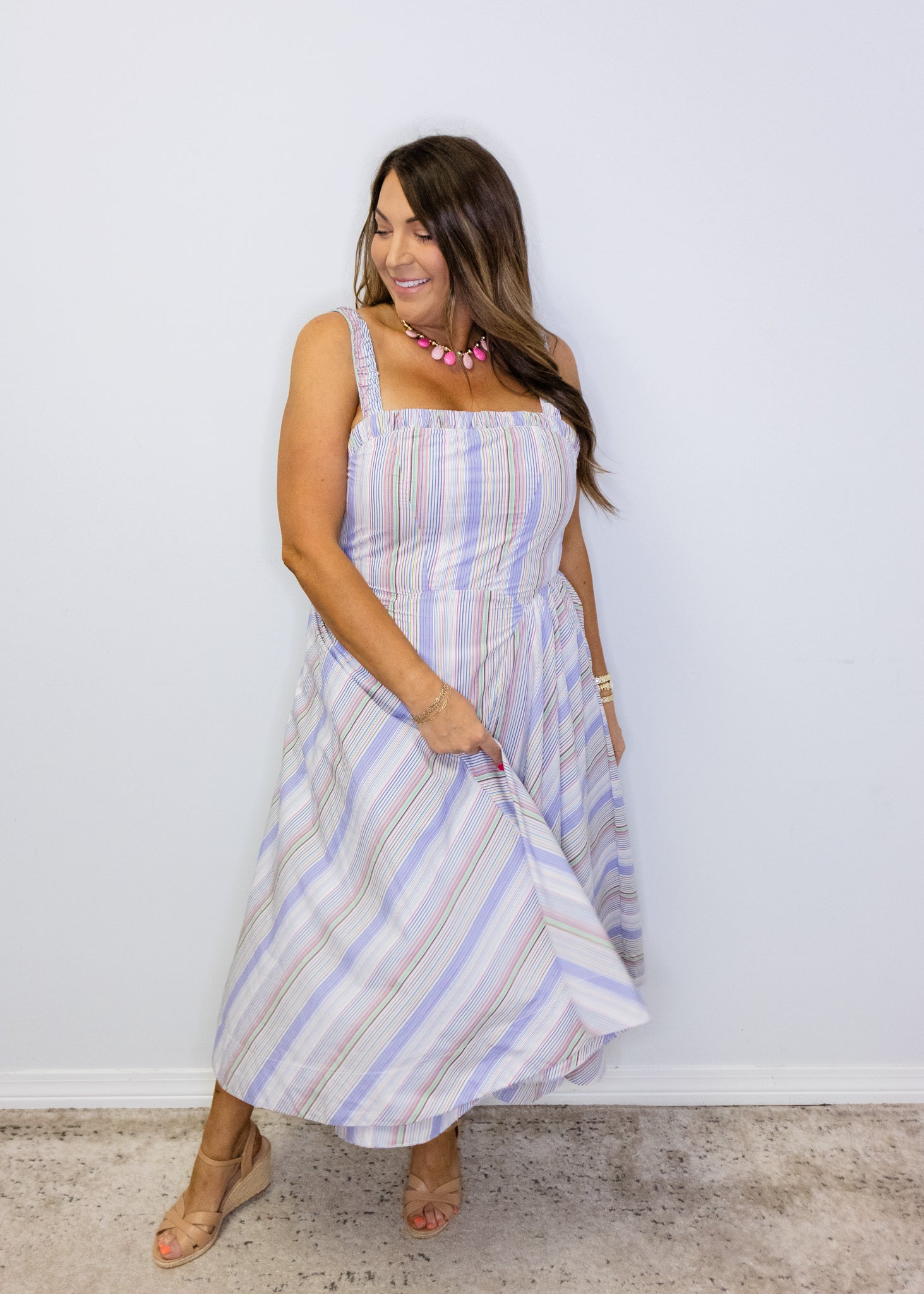 Multi Stripe Smocked Midi Dress