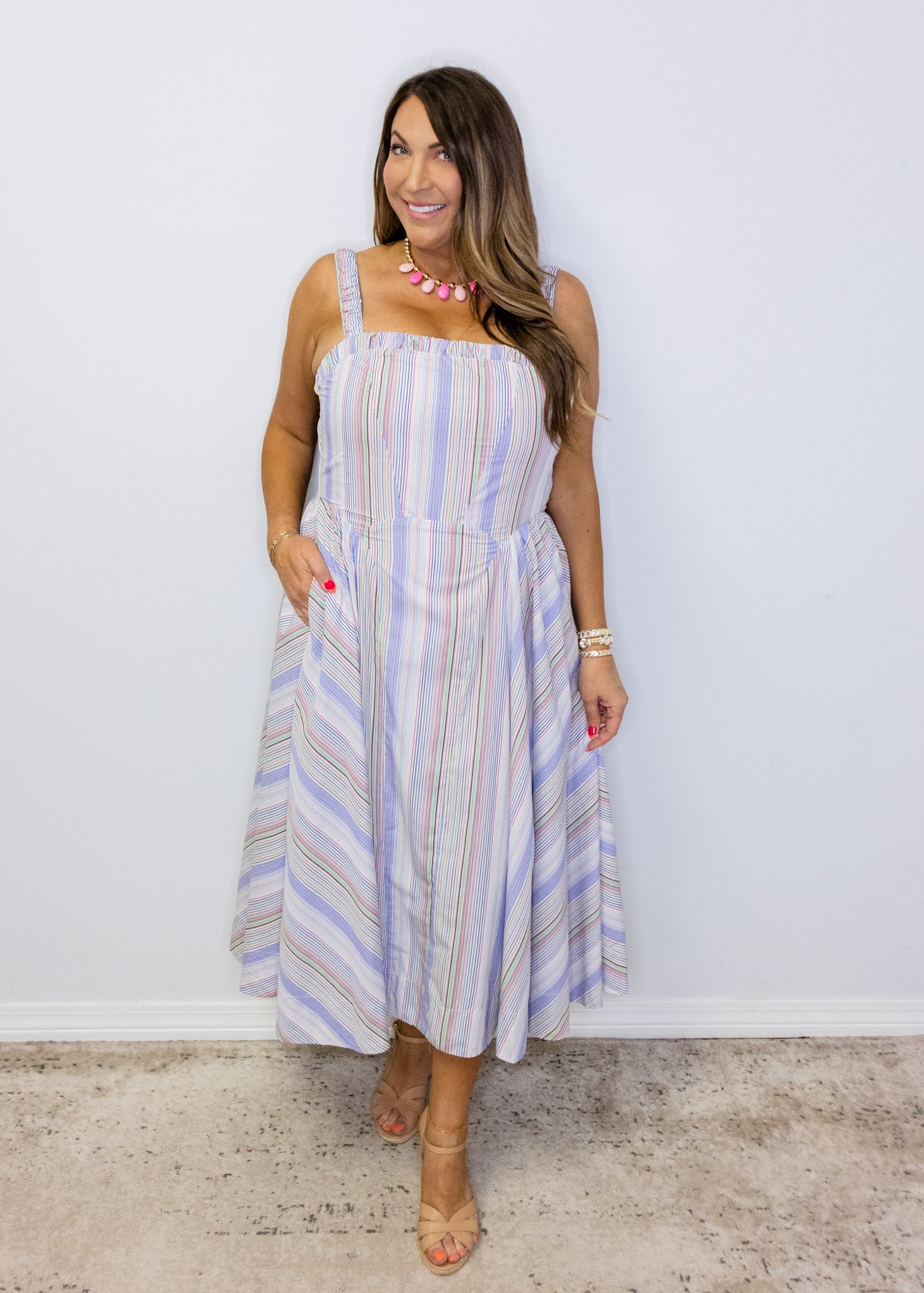 Multi Stripe Smocked Midi Dress