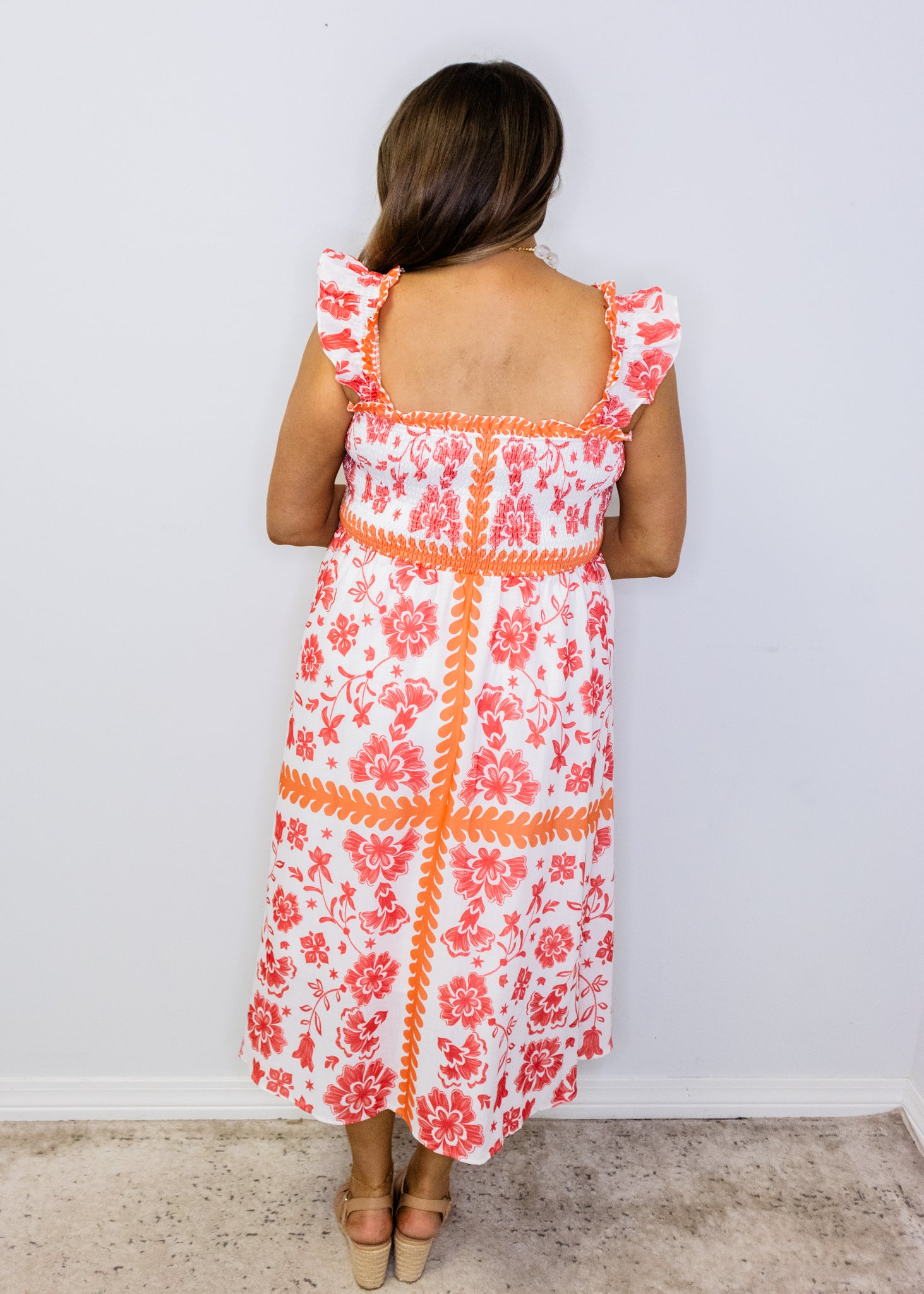Red Print Smocked Midi Dress