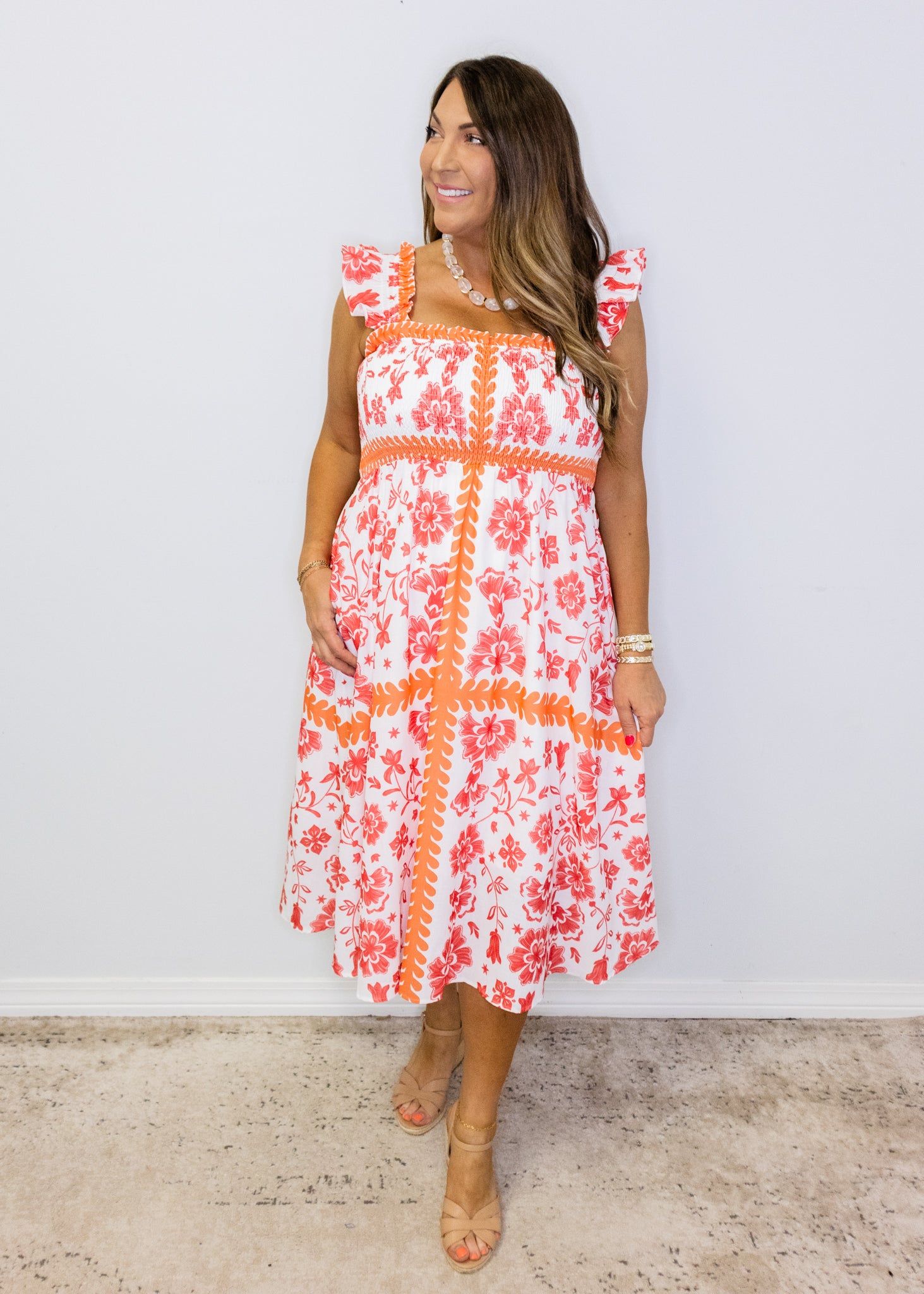 Red Print Smocked Midi Dress