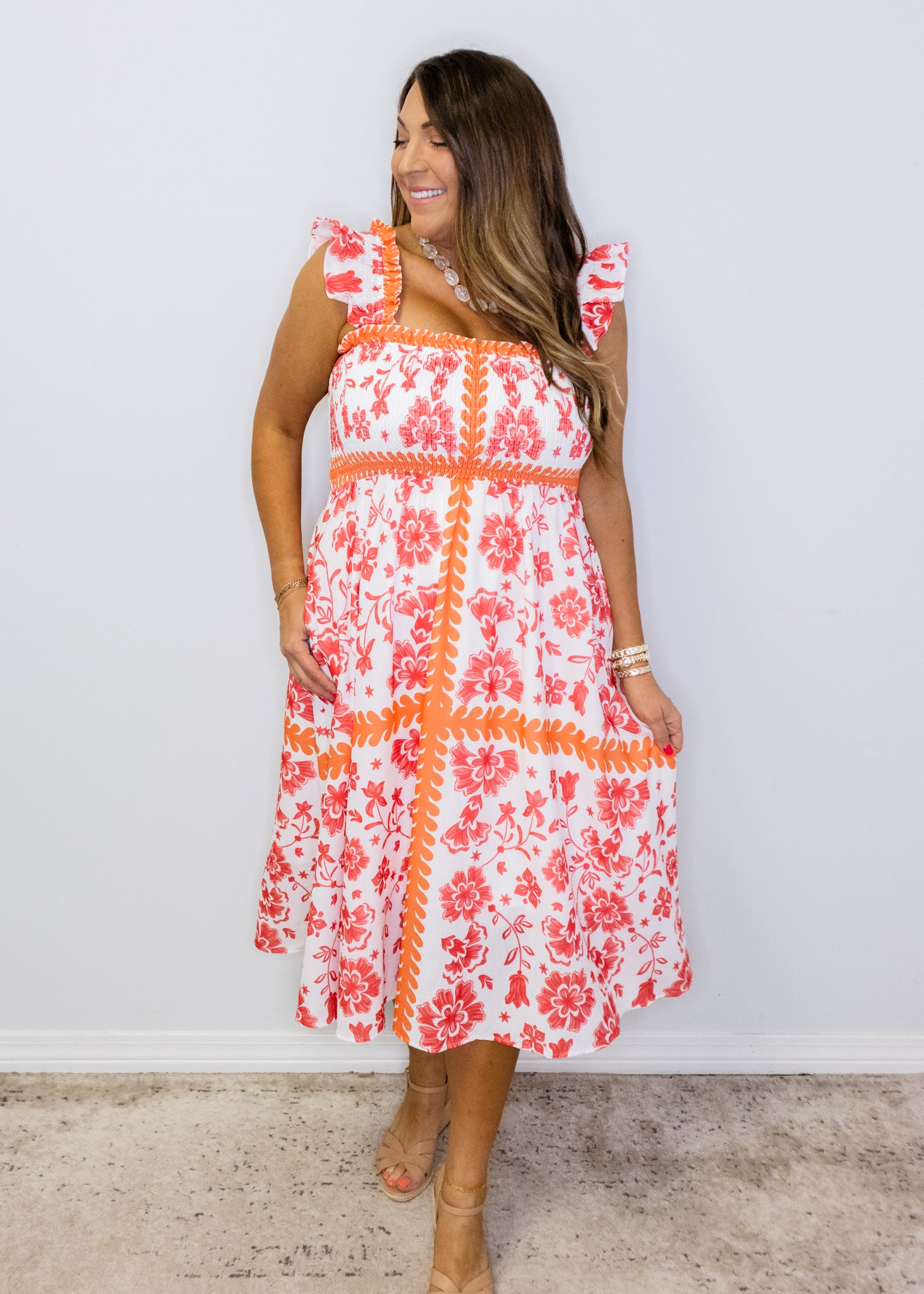 Red Print Smocked Midi Dress