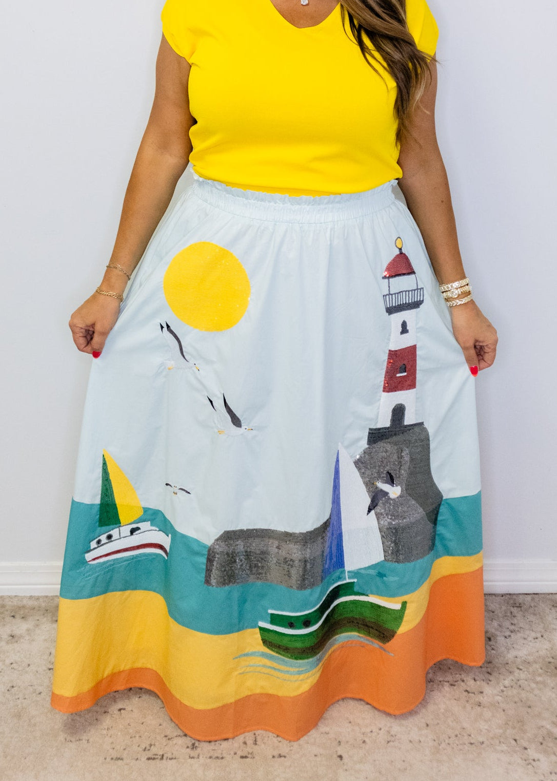 Multi Light House Cotton Midi Skirt