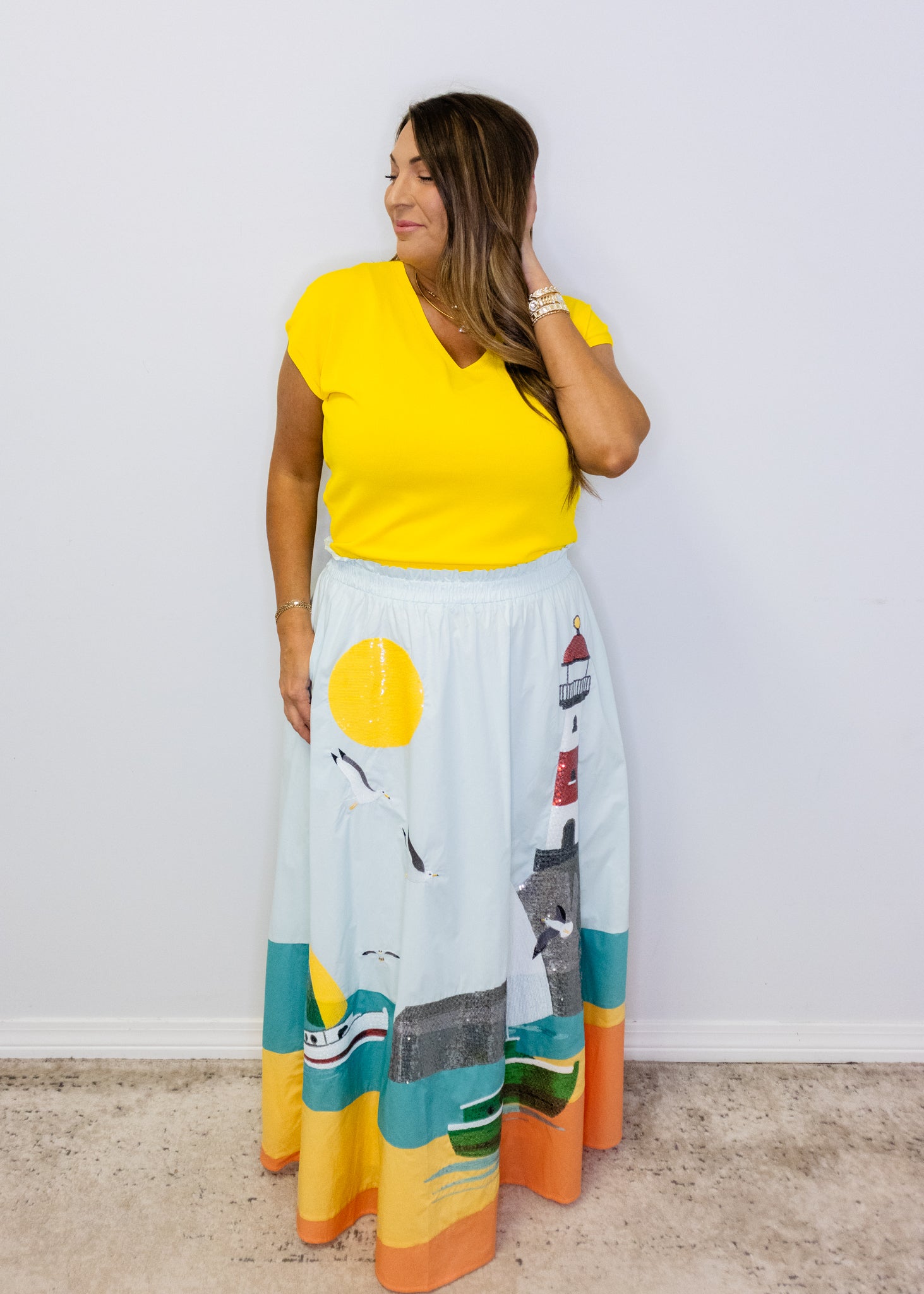 Multi Light House Cotton Midi Skirt