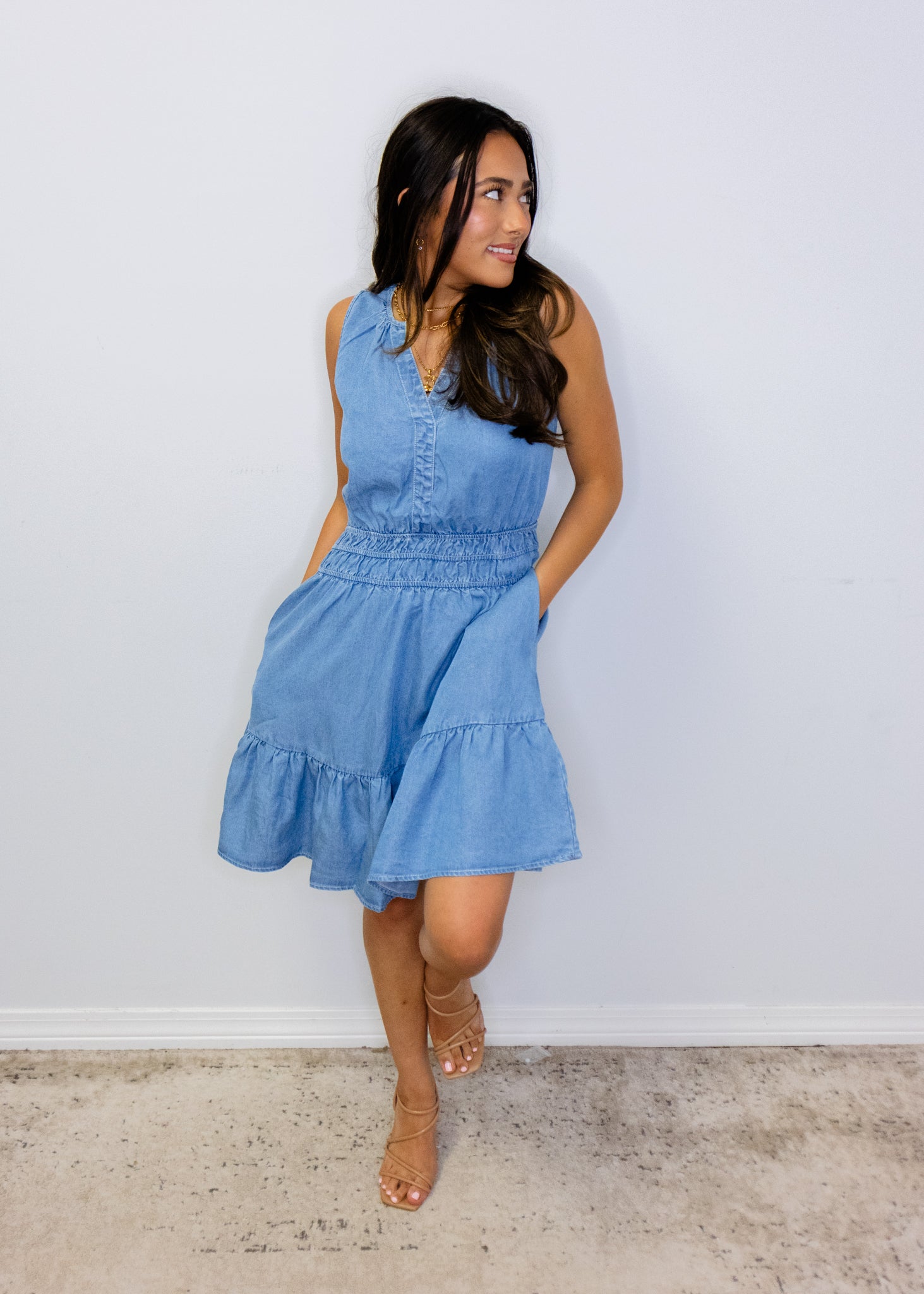 Chambray Smocked Waist Pocket Dress