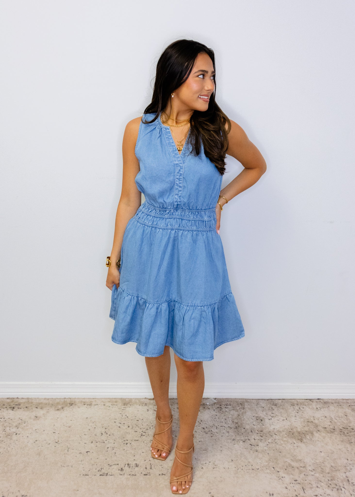 Chambray Smocked Waist Pocket Dress