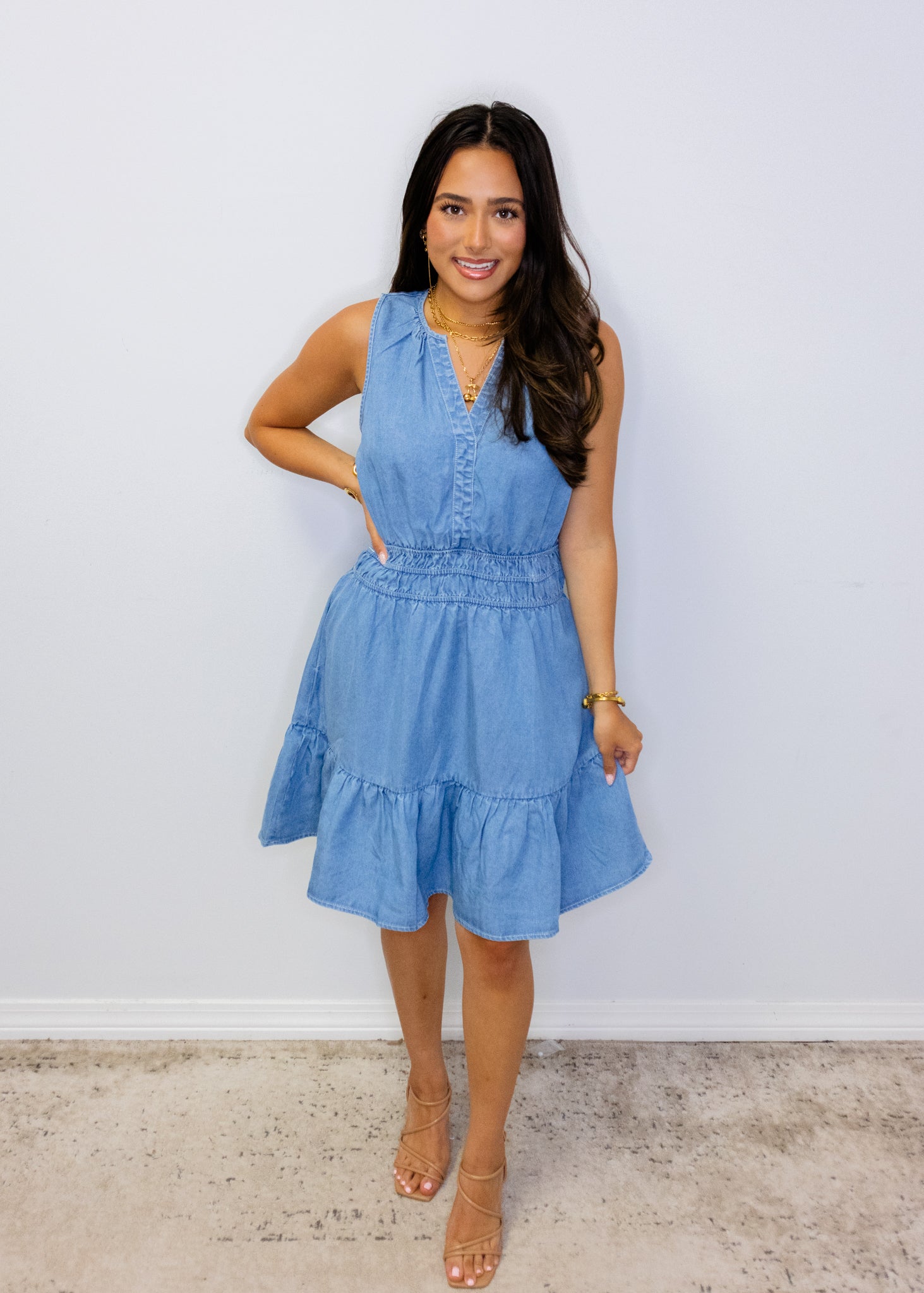 Chambray Smocked Waist Pocket Dress