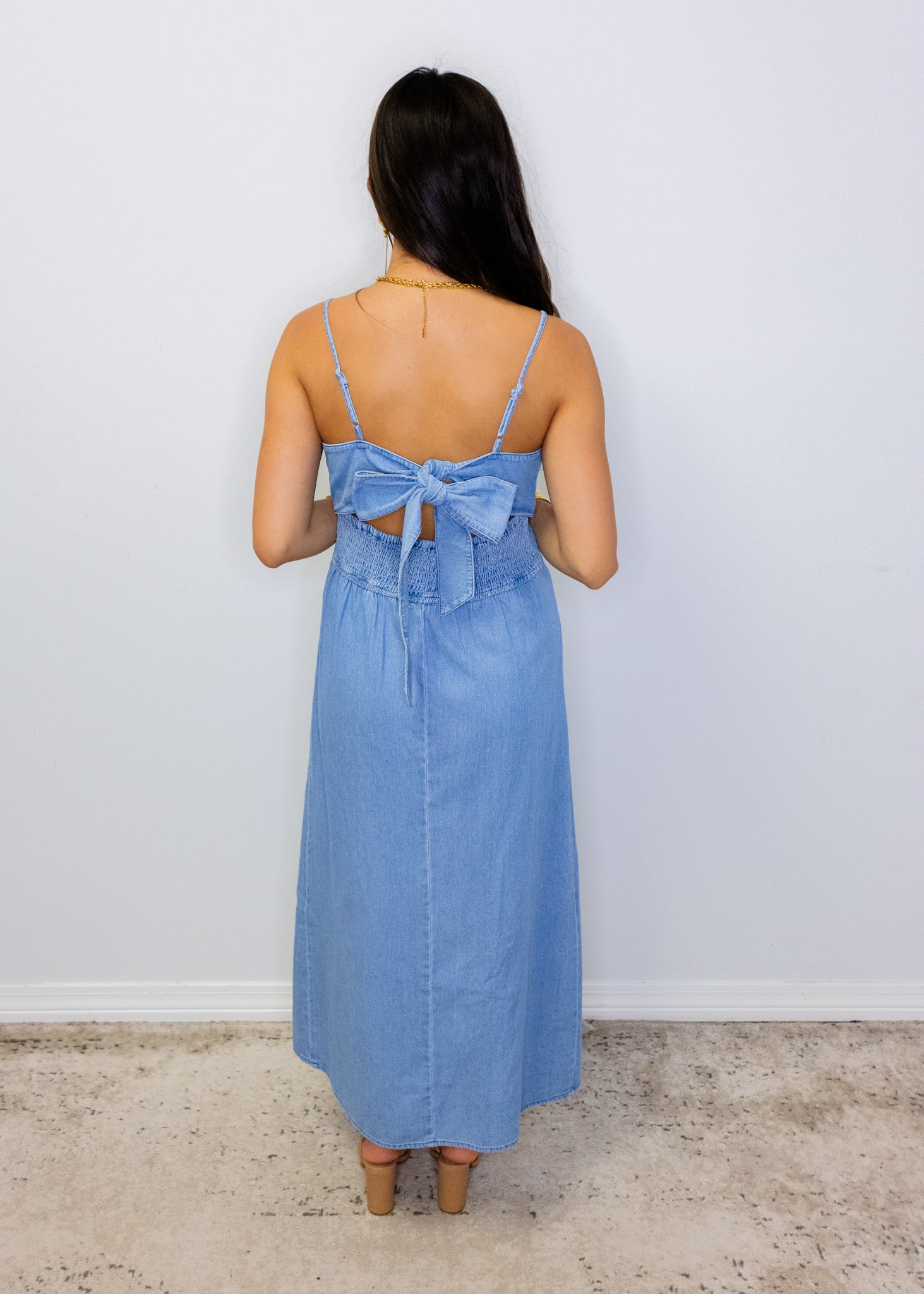Denim Sleeveless Back Tie Midi Dress