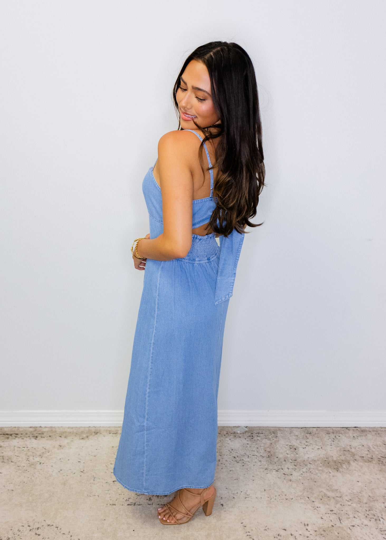 Denim Sleeveless Back Tie Midi Dress
