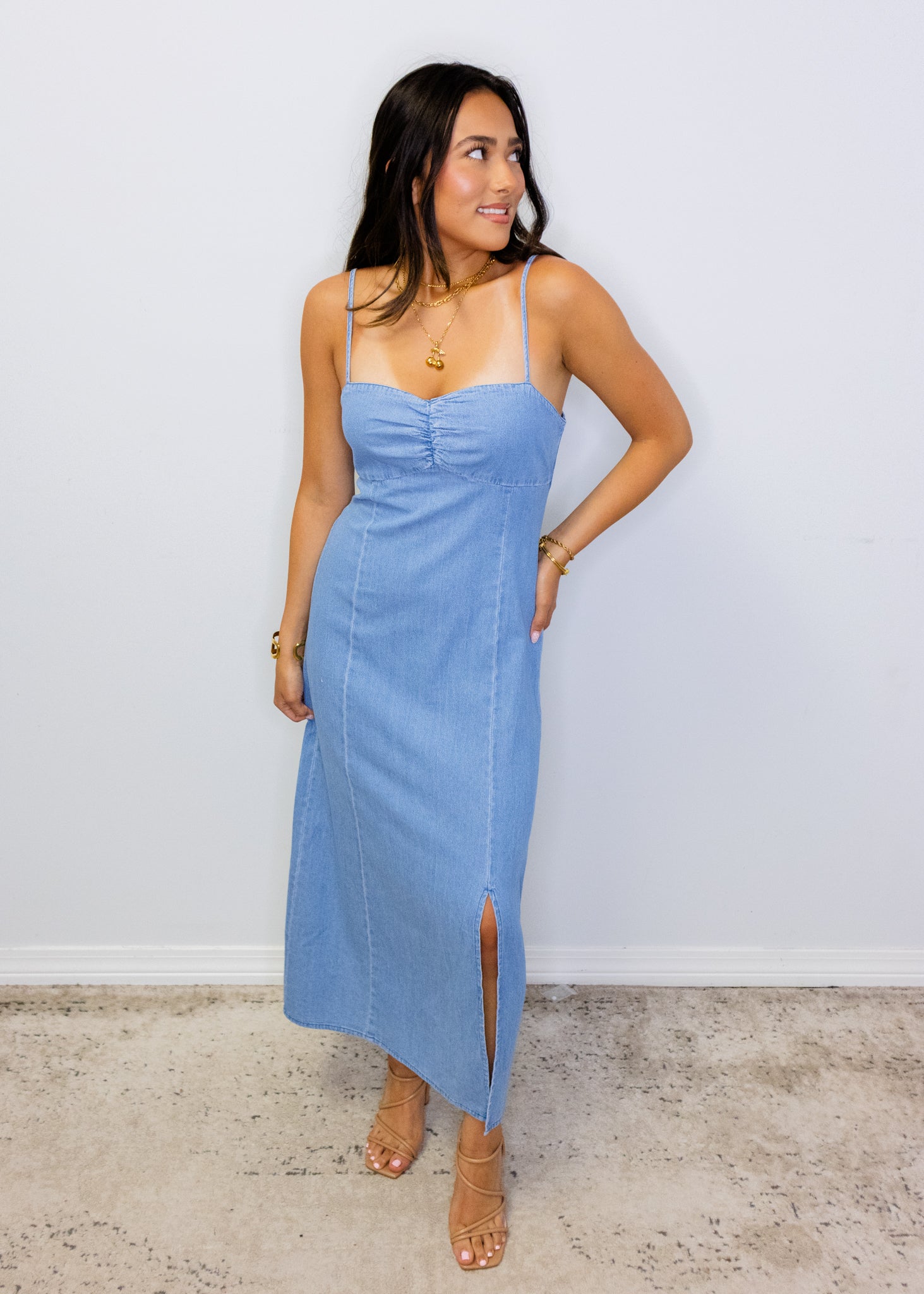 Denim Sleeveless Back Tie Midi Dress