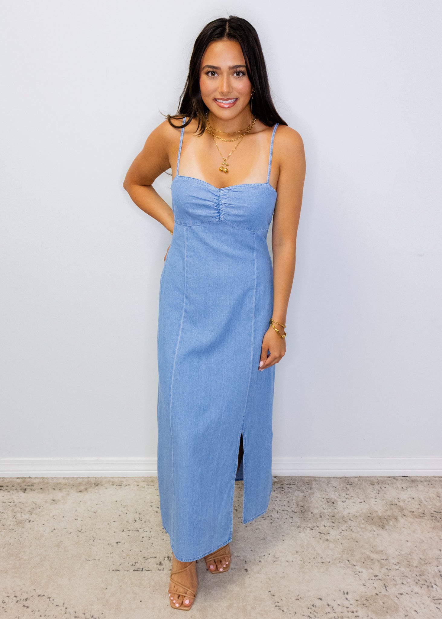 Denim Sleeveless Back Tie Midi Dress