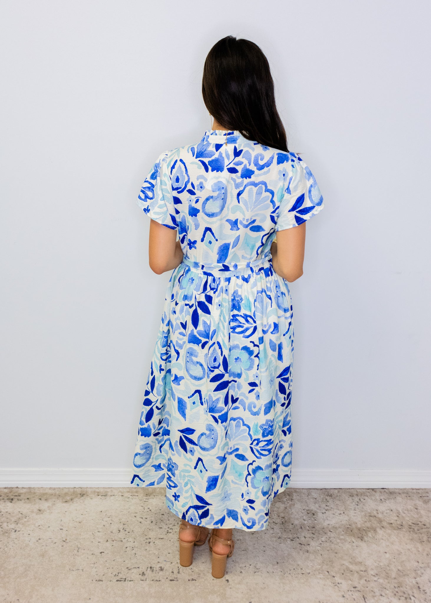 Blue Floral Print Button Midi Dress