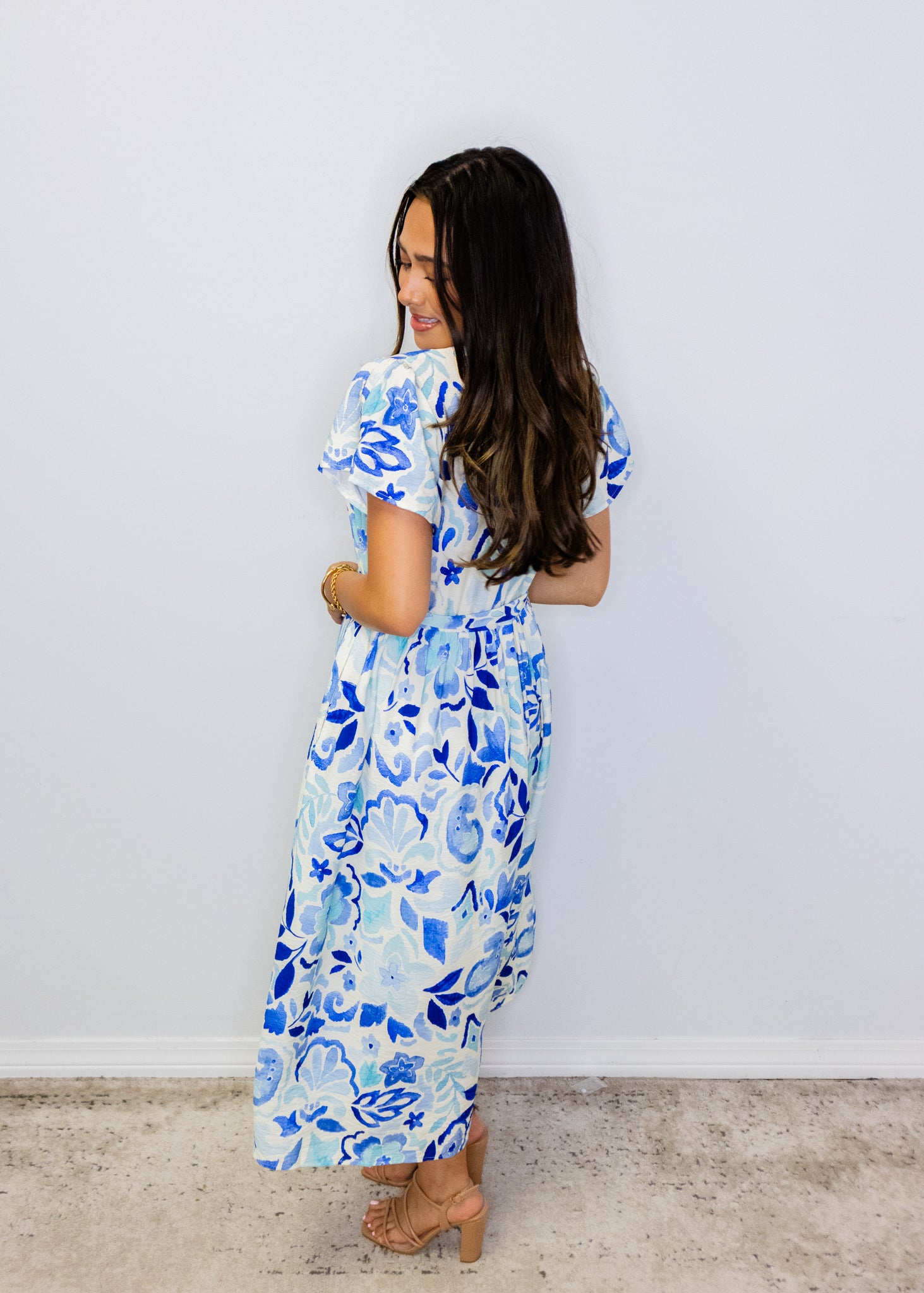 Blue Floral Print Button Midi Dress