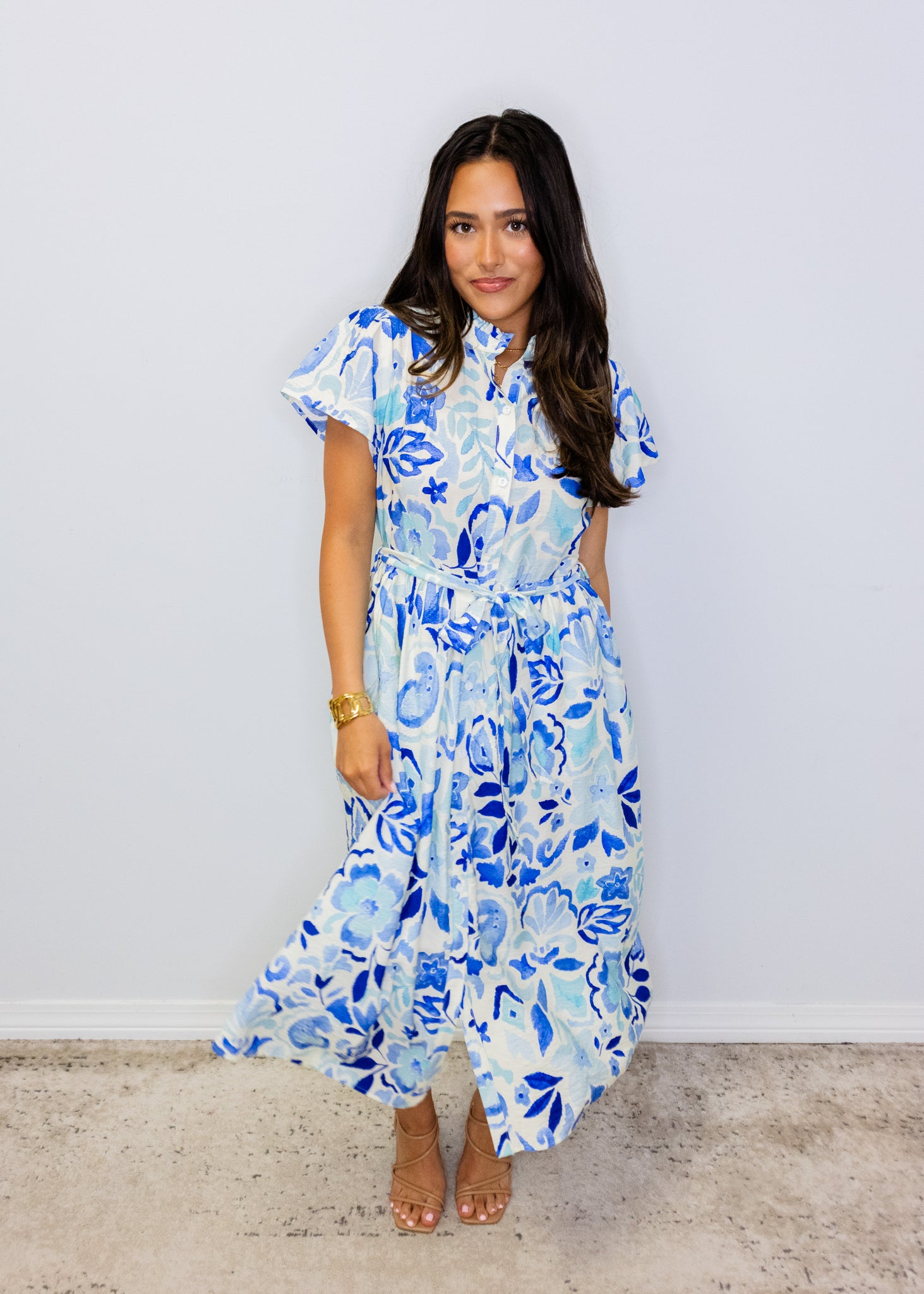 Blue Floral Print Button Midi Dress