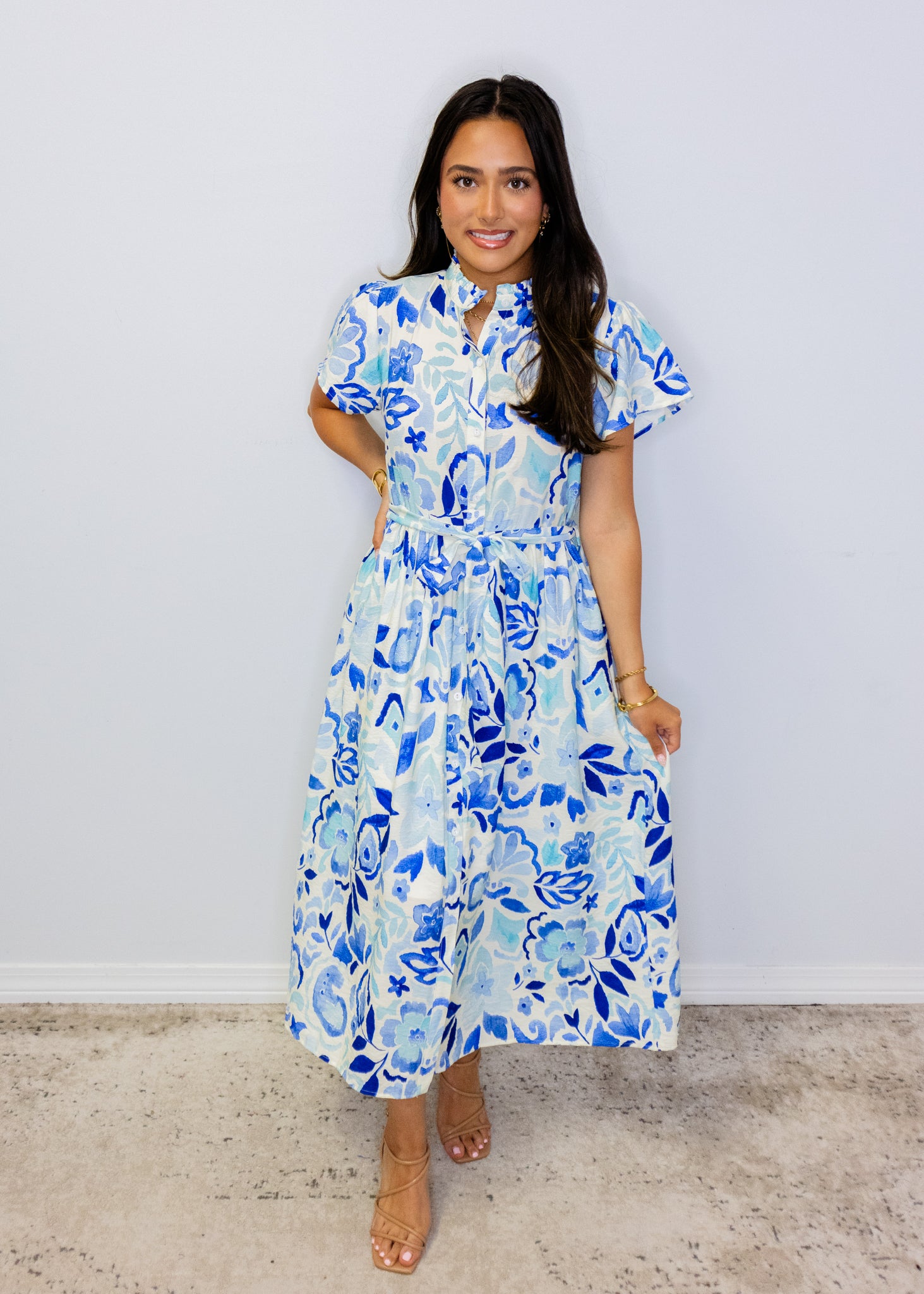 Blue Floral Print Button Midi Dress