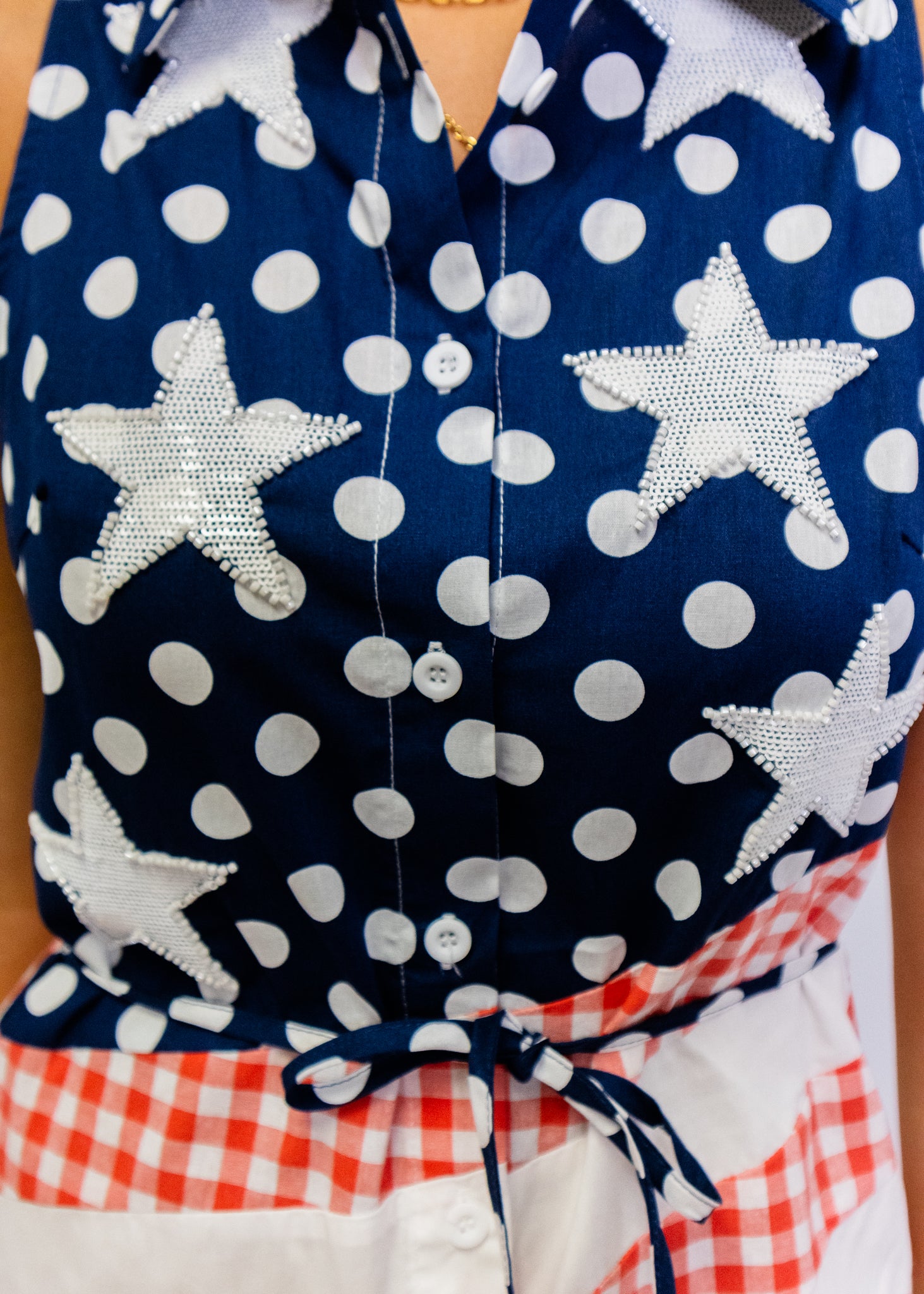 Navy, Red & White Polka Dot And Stripe Button Up Tank Dress