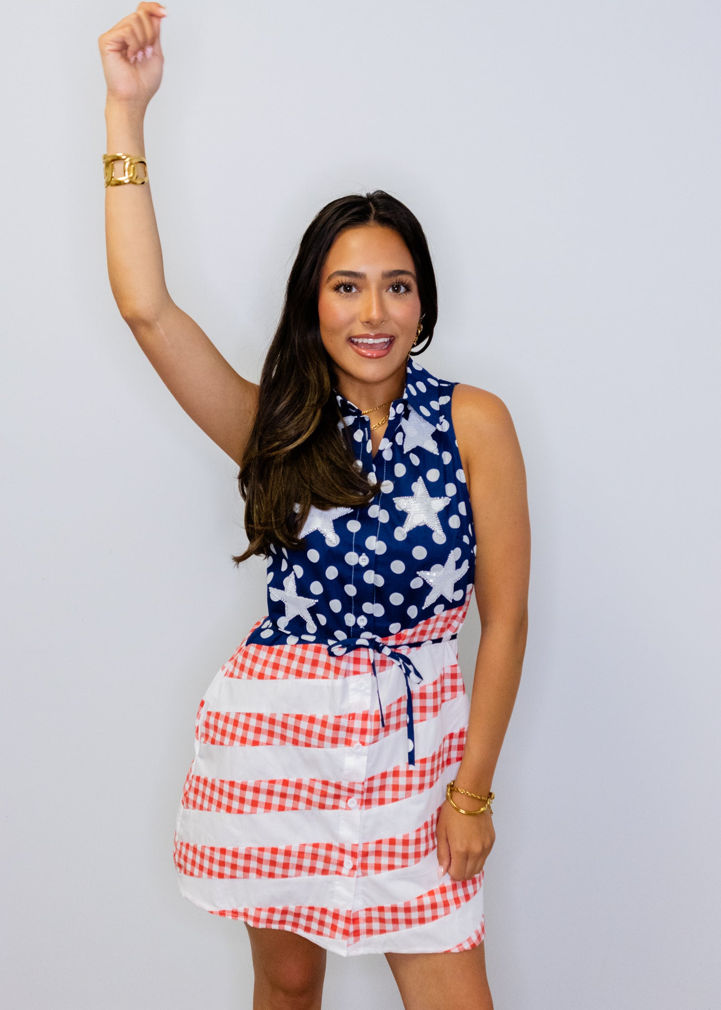 Navy, Red & White Polka Dot And Stripe Button Up Tank Dress