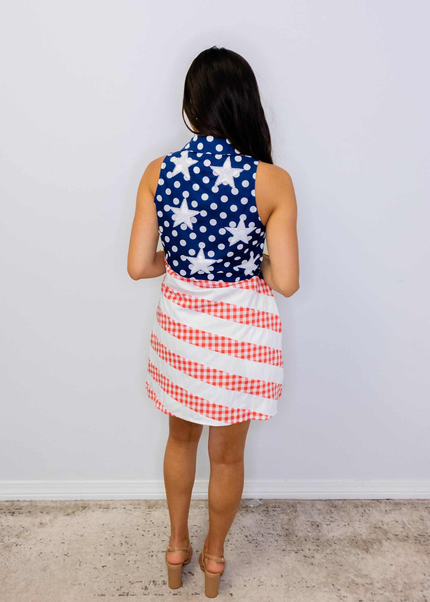 Navy, Red & White Polka Dot And Stripe Button Up Tank Dress