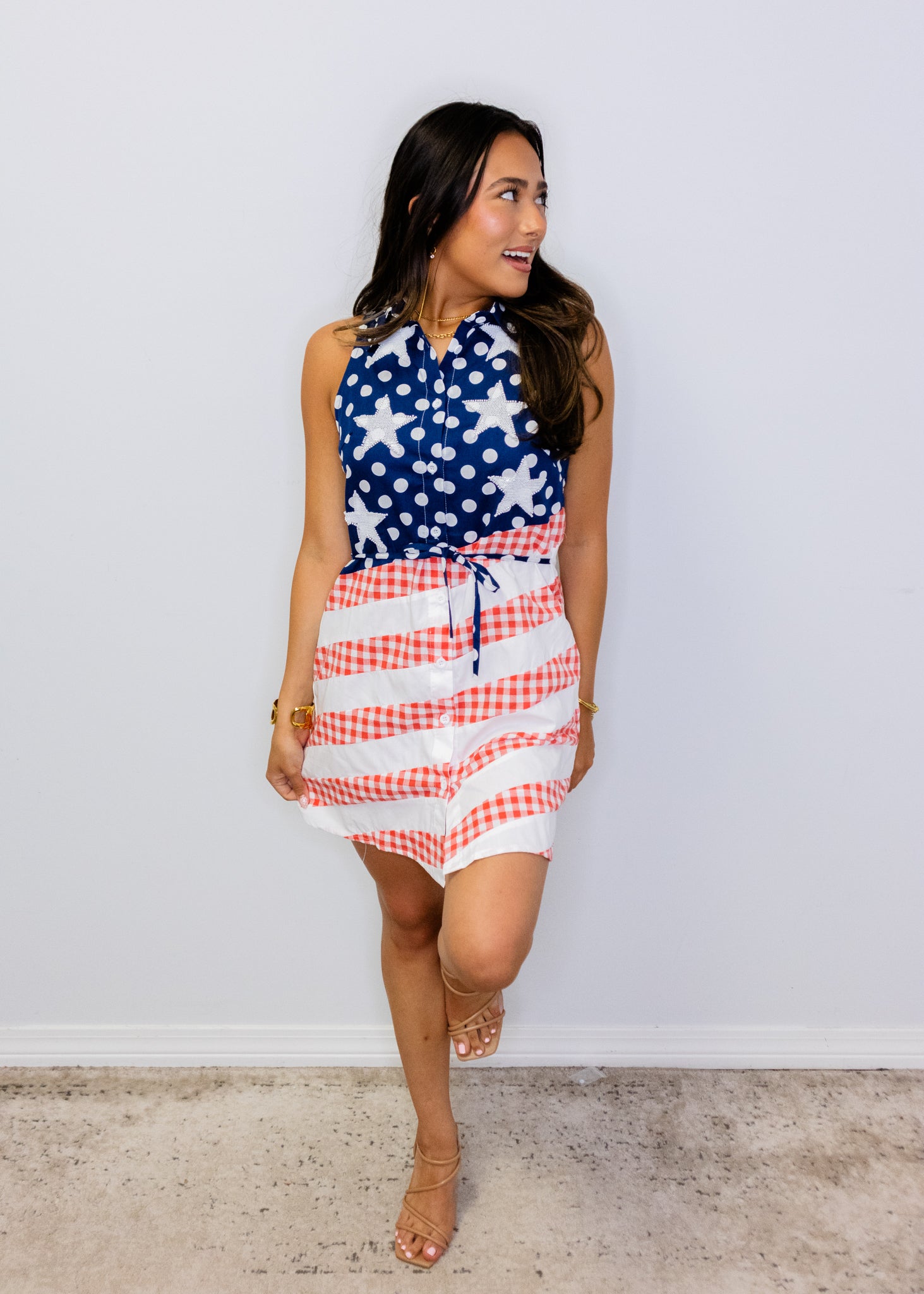 Navy, Red & White Polka Dot And Stripe Button Up Tank Dress