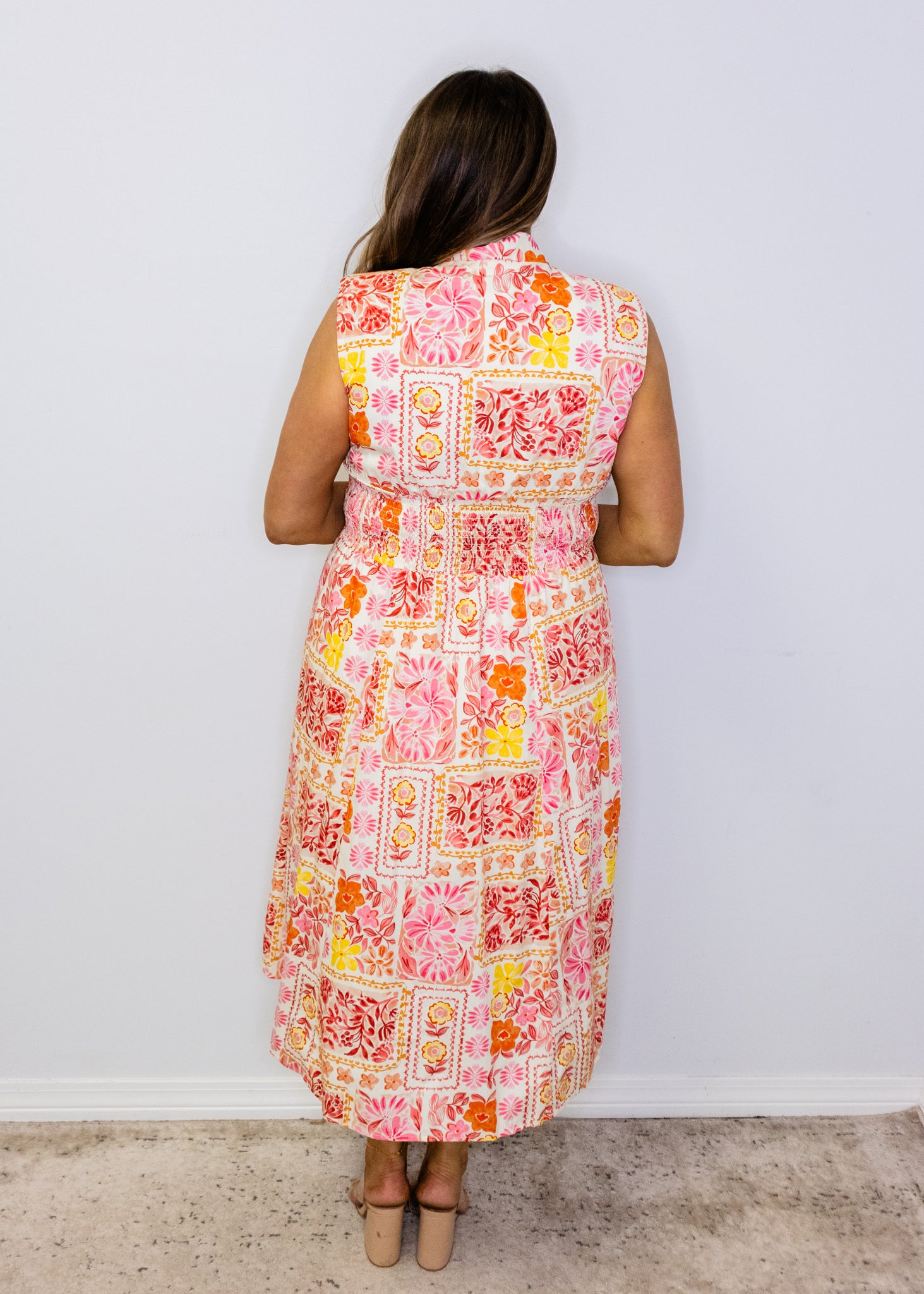 White Multi Floral Front Zip Midi Dress