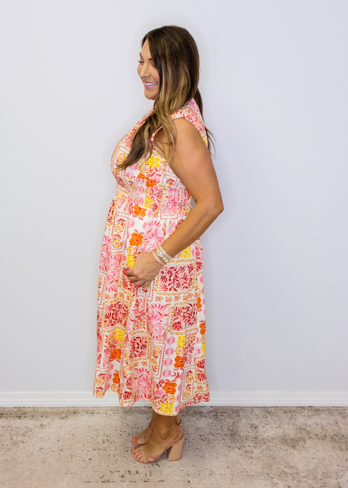 White Multi Floral Front Zip Midi Dress
