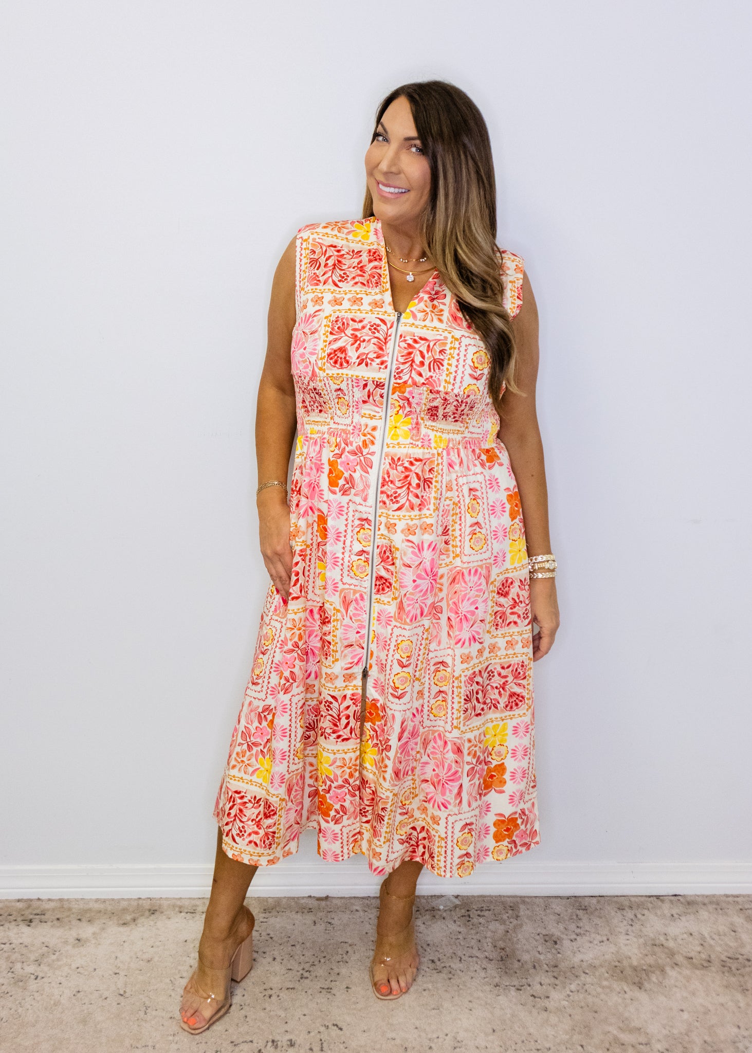 White Multi Floral Front Zip Midi Dress