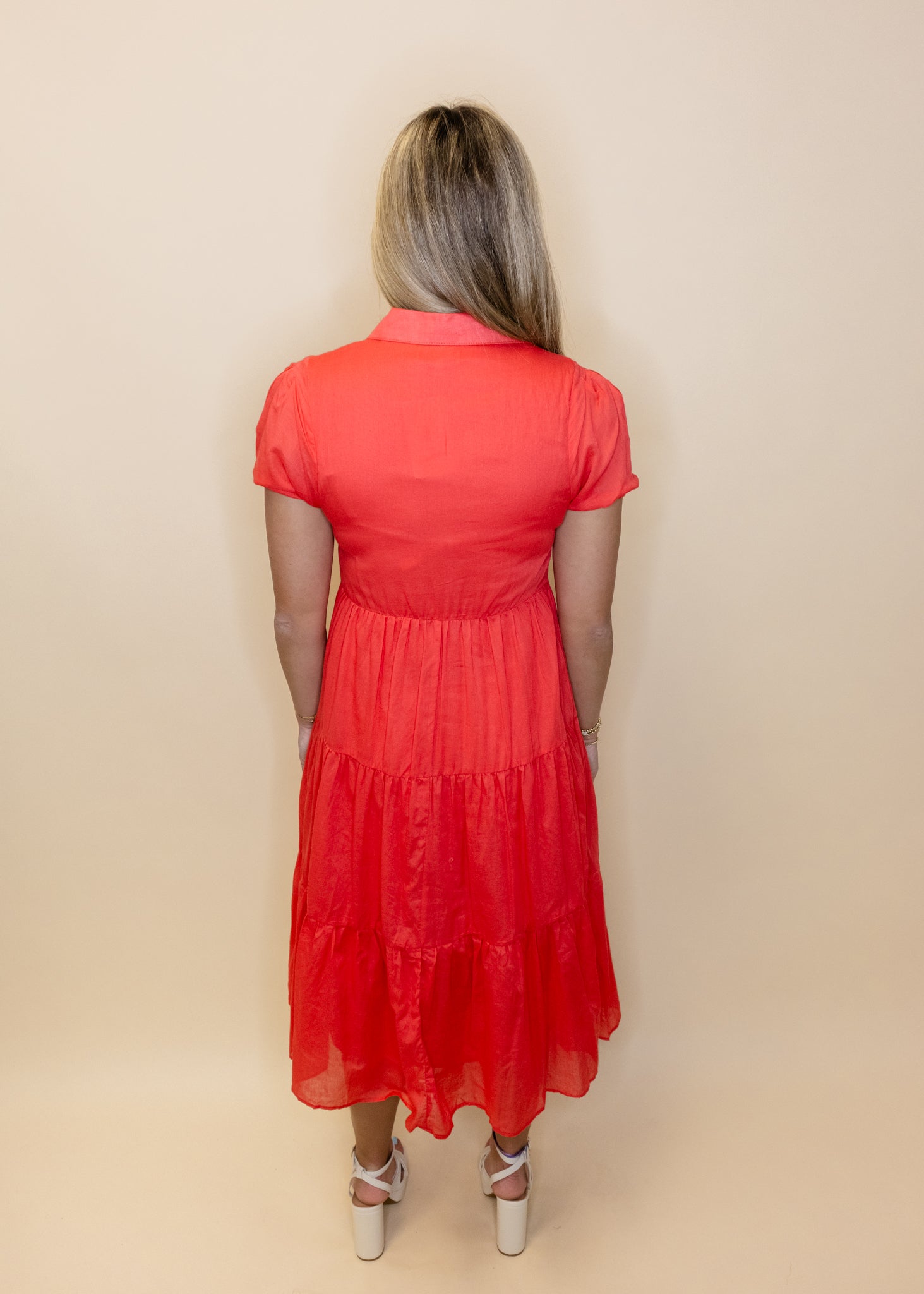 Coral Cotton Voile Tiered Dress