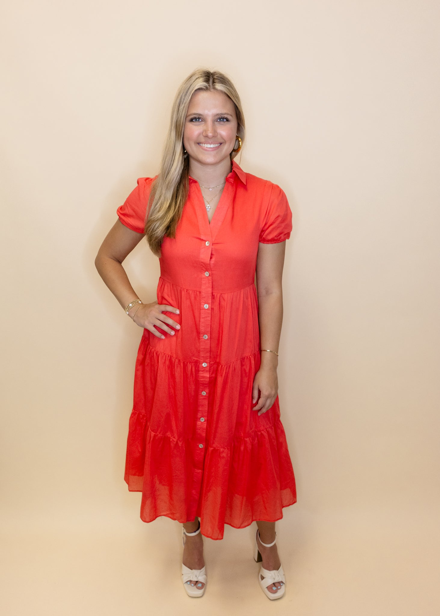 Coral Cotton Voile Tiered Dress