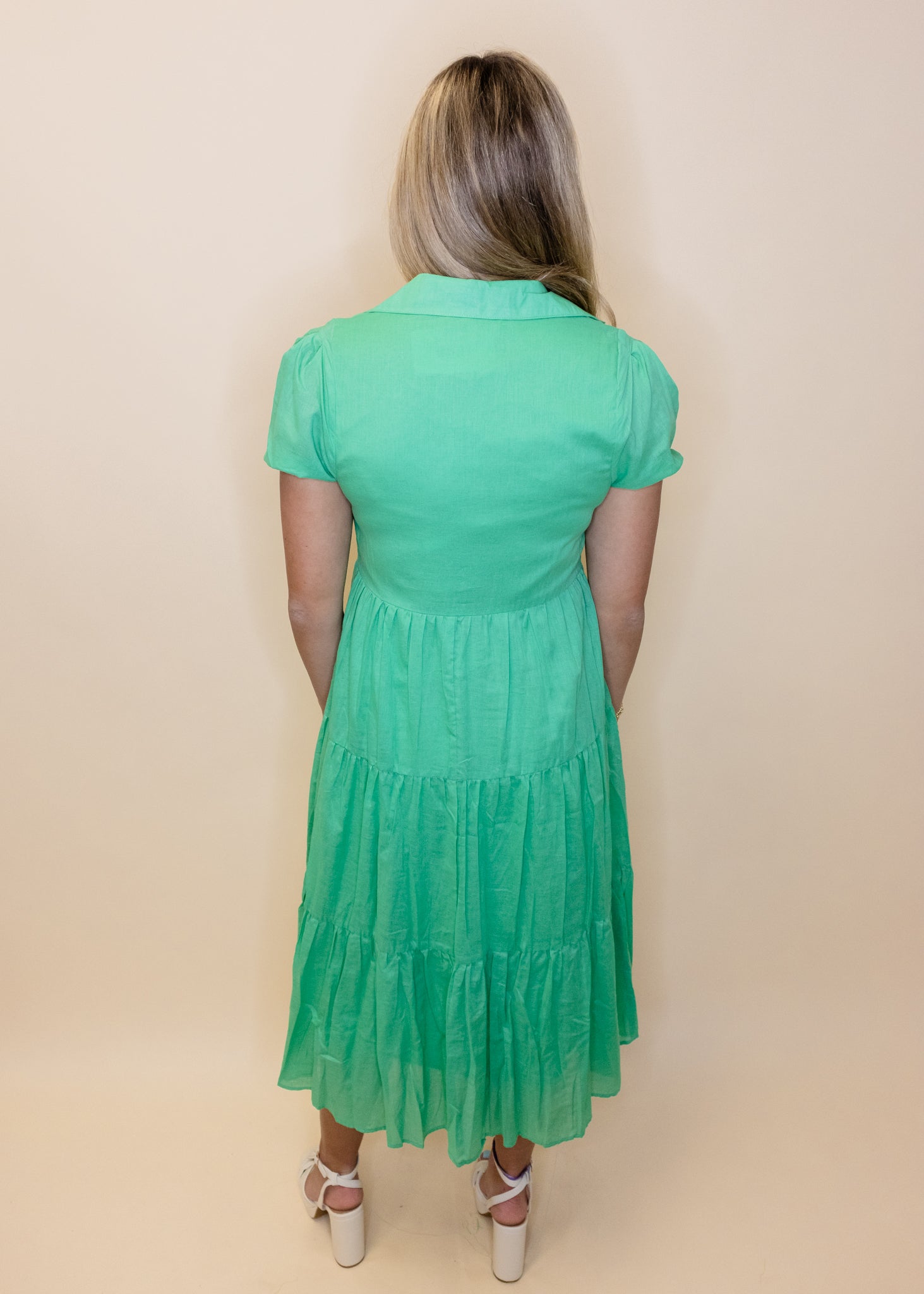 Green Button Down Tiered Midi Dress