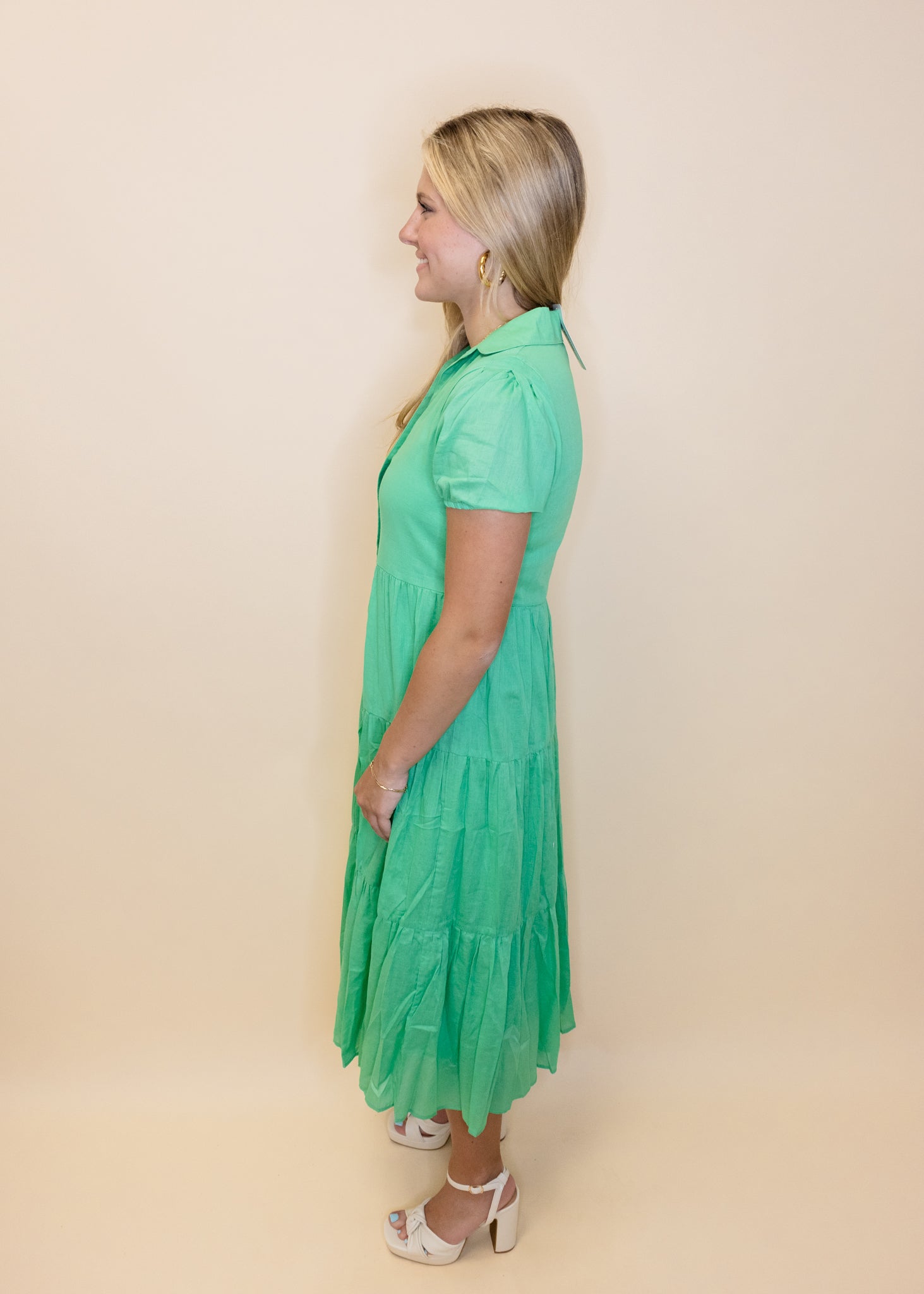 Green Button Down Tiered Midi Dress