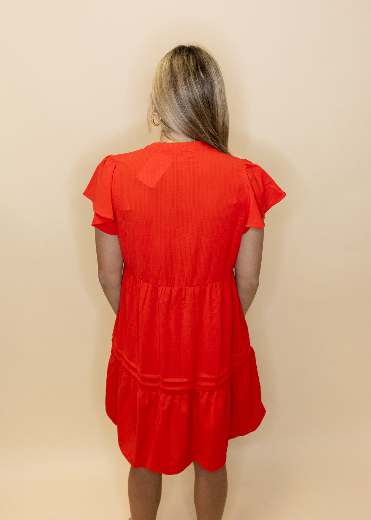Red V-Neck Pleat Tiered Dress
