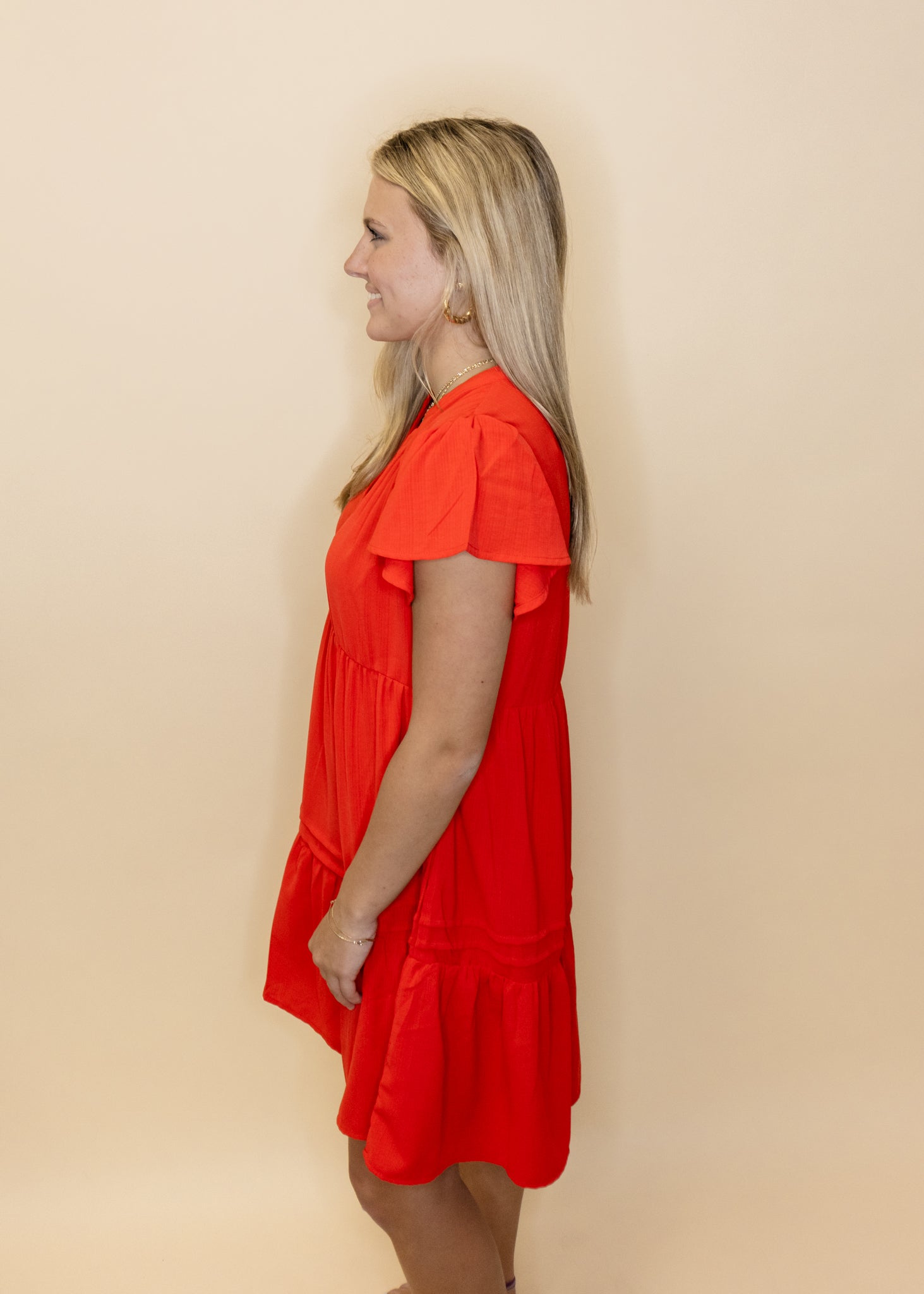 Red V-Neck Pleat Tiered Dress
