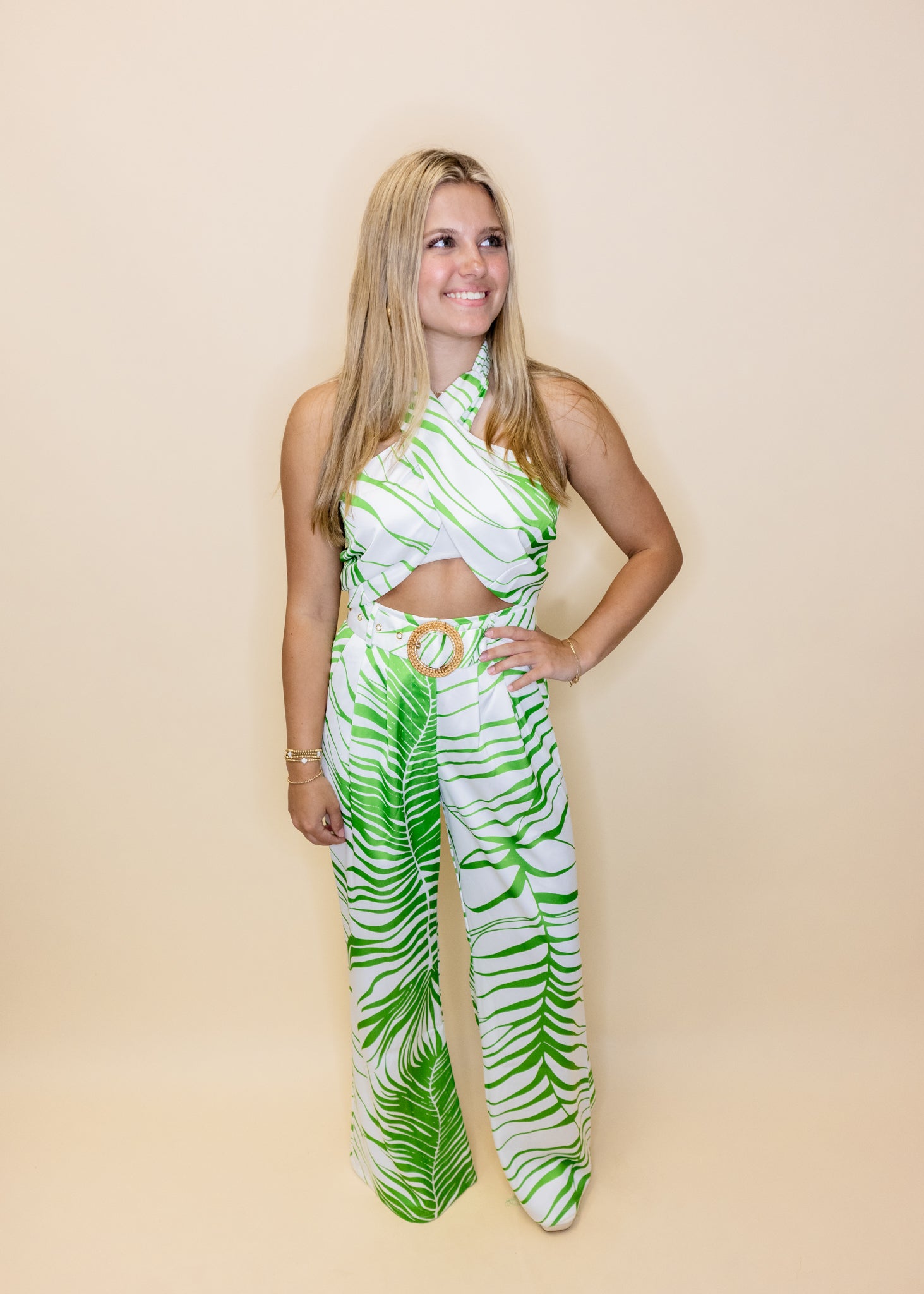 Green Tropical Belted Pants