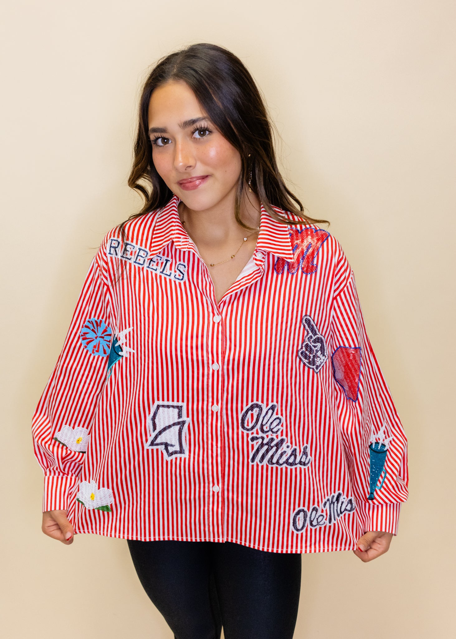 Licensed Ole Miss Mini Icon Striped Button Down Top