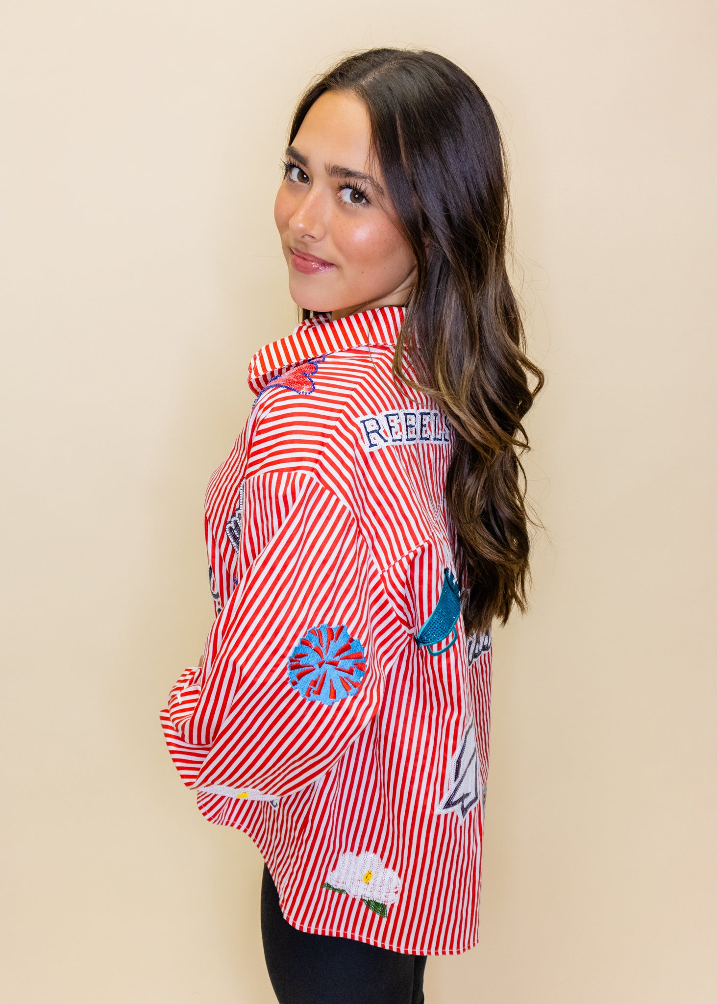 Licensed Ole Miss Mini Icon Striped Button Down Top