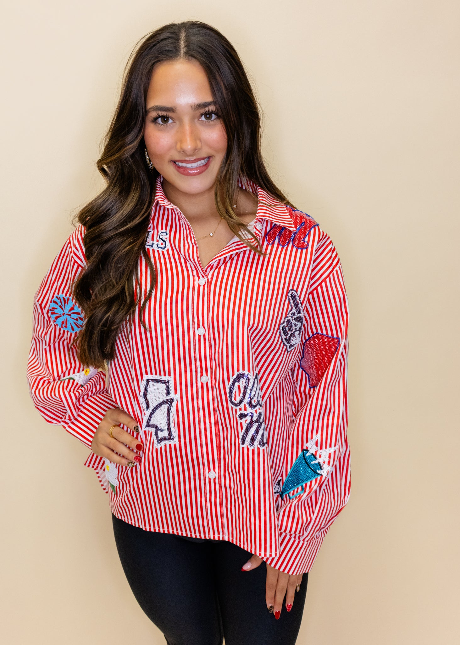 Licensed Ole Miss Mini Icon Striped Button Down Top