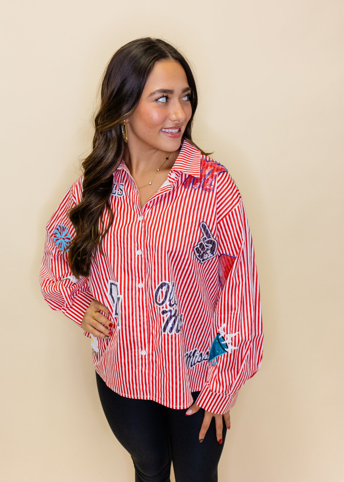 Licensed Ole Miss Mini Icon Striped Button Down Top