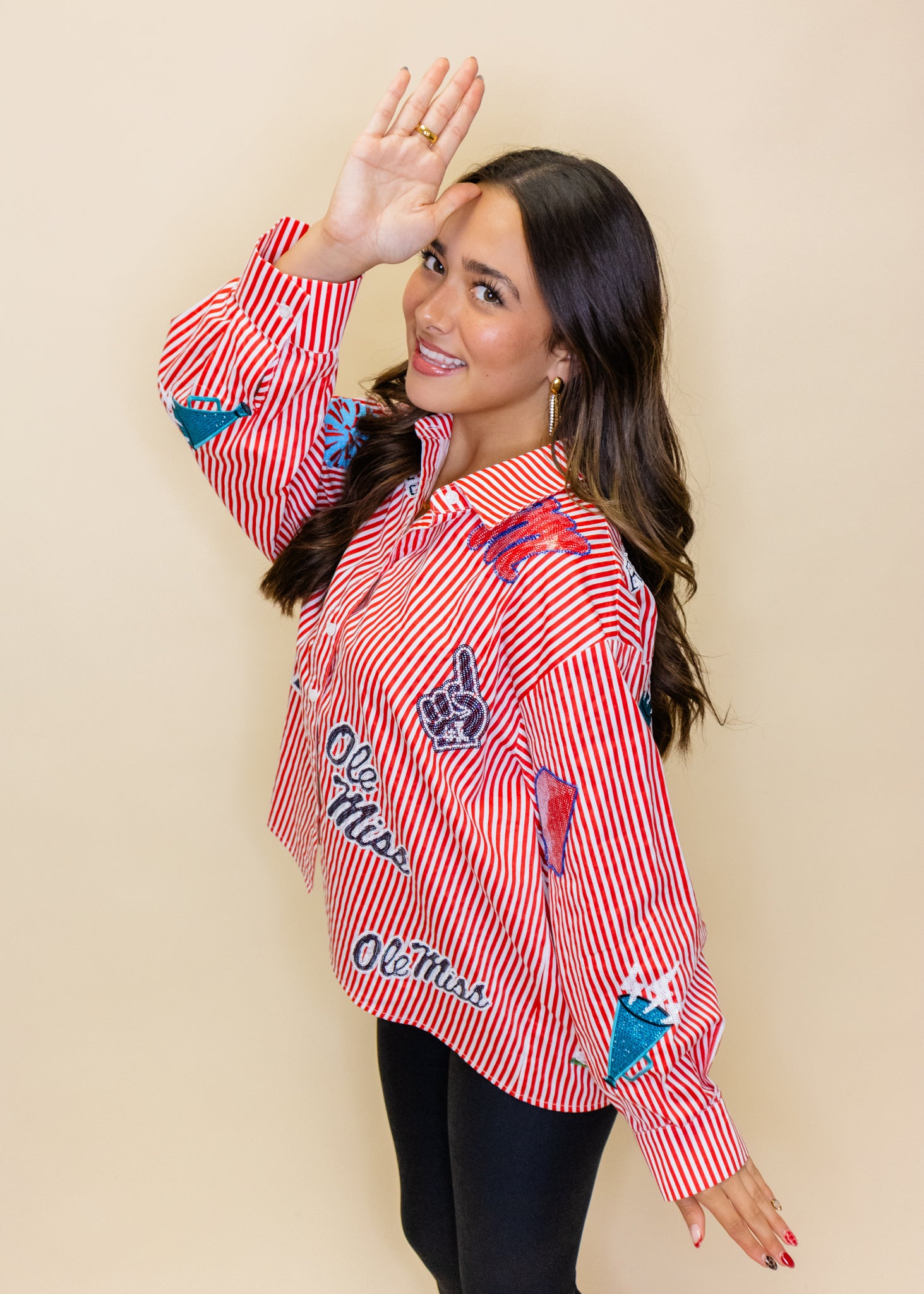 Licensed Ole Miss Mini Icon Striped Button Down Top
