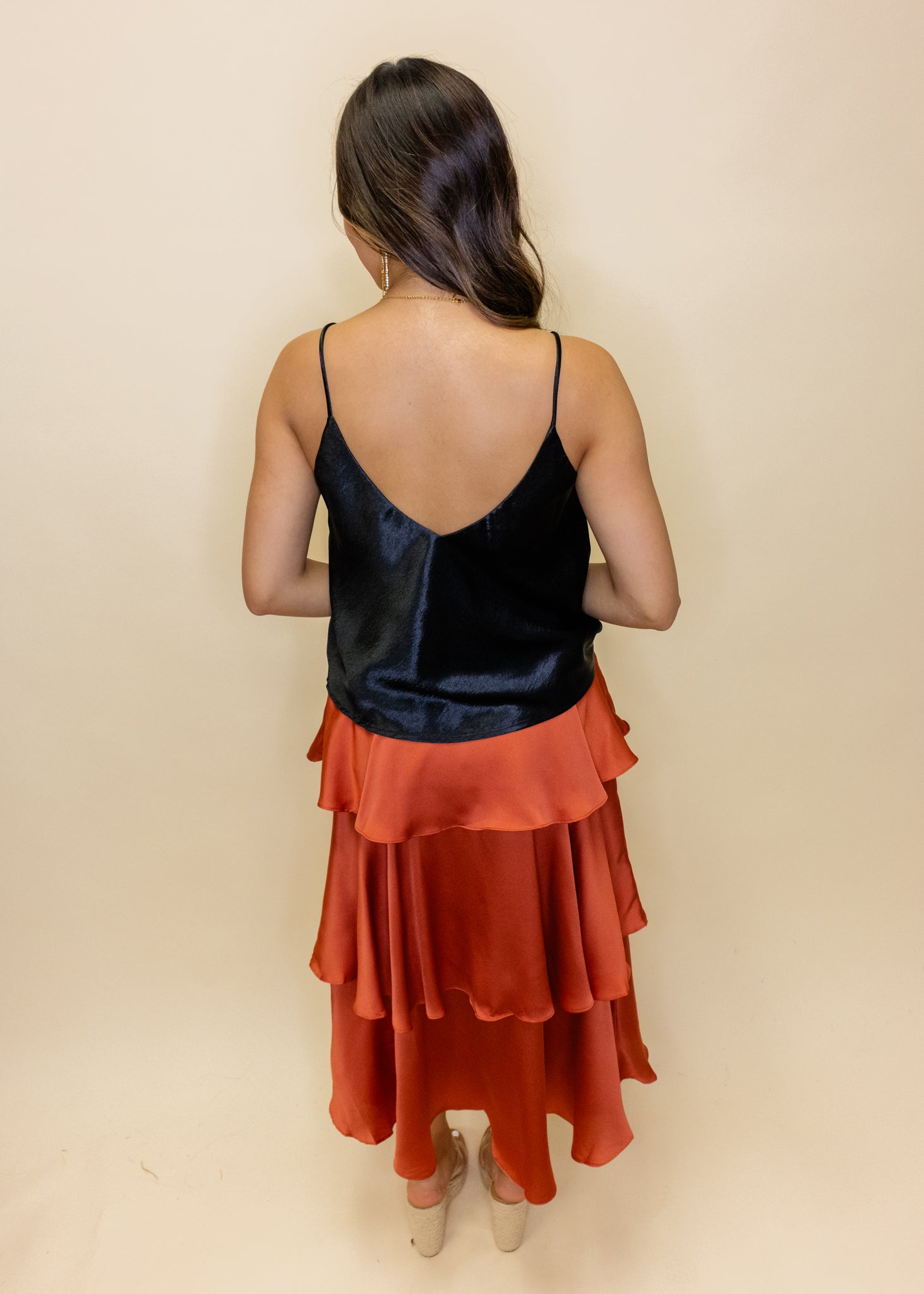 Rust Satin Tiered Midi Skirt