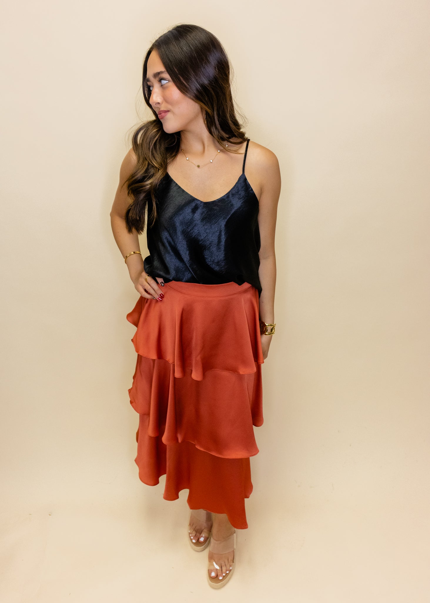 Rust Satin Tiered Midi Skirt