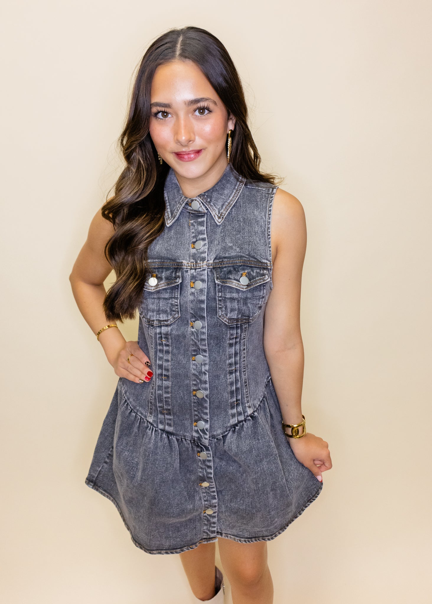 Washed Black Denim Button Dress