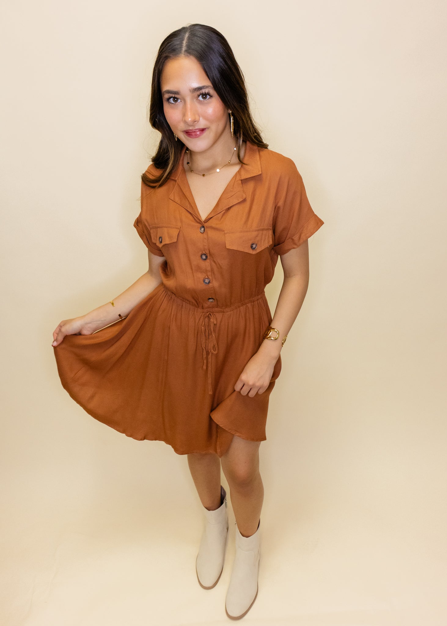 Camel Tie Waist Button Dress