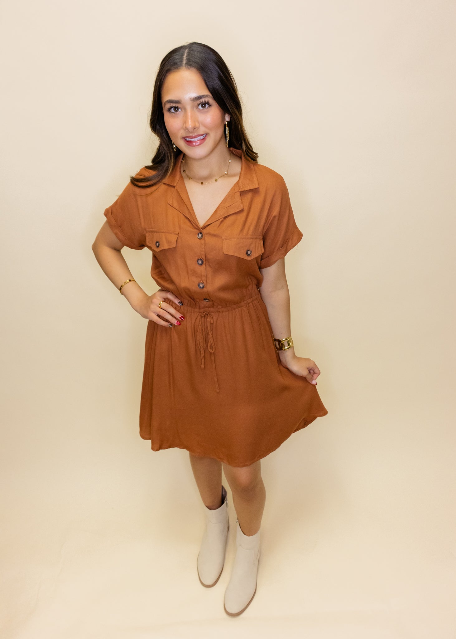 Camel Tie Waist Button Dress