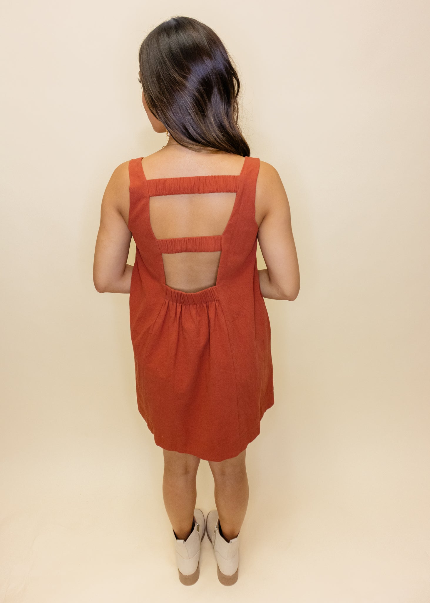 Rust Open Back Smocked Dress