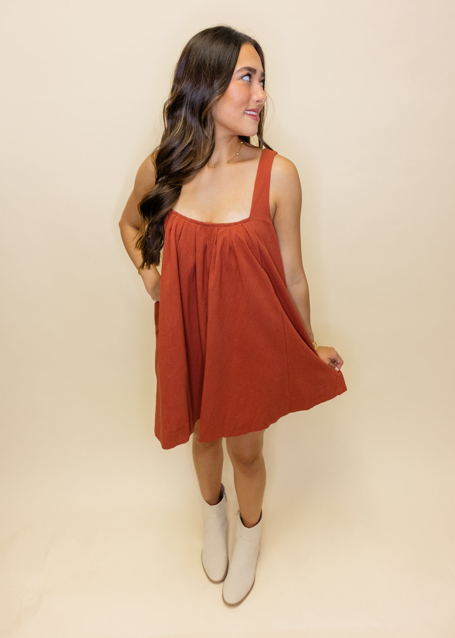 Rust Open Back Smocked Dress