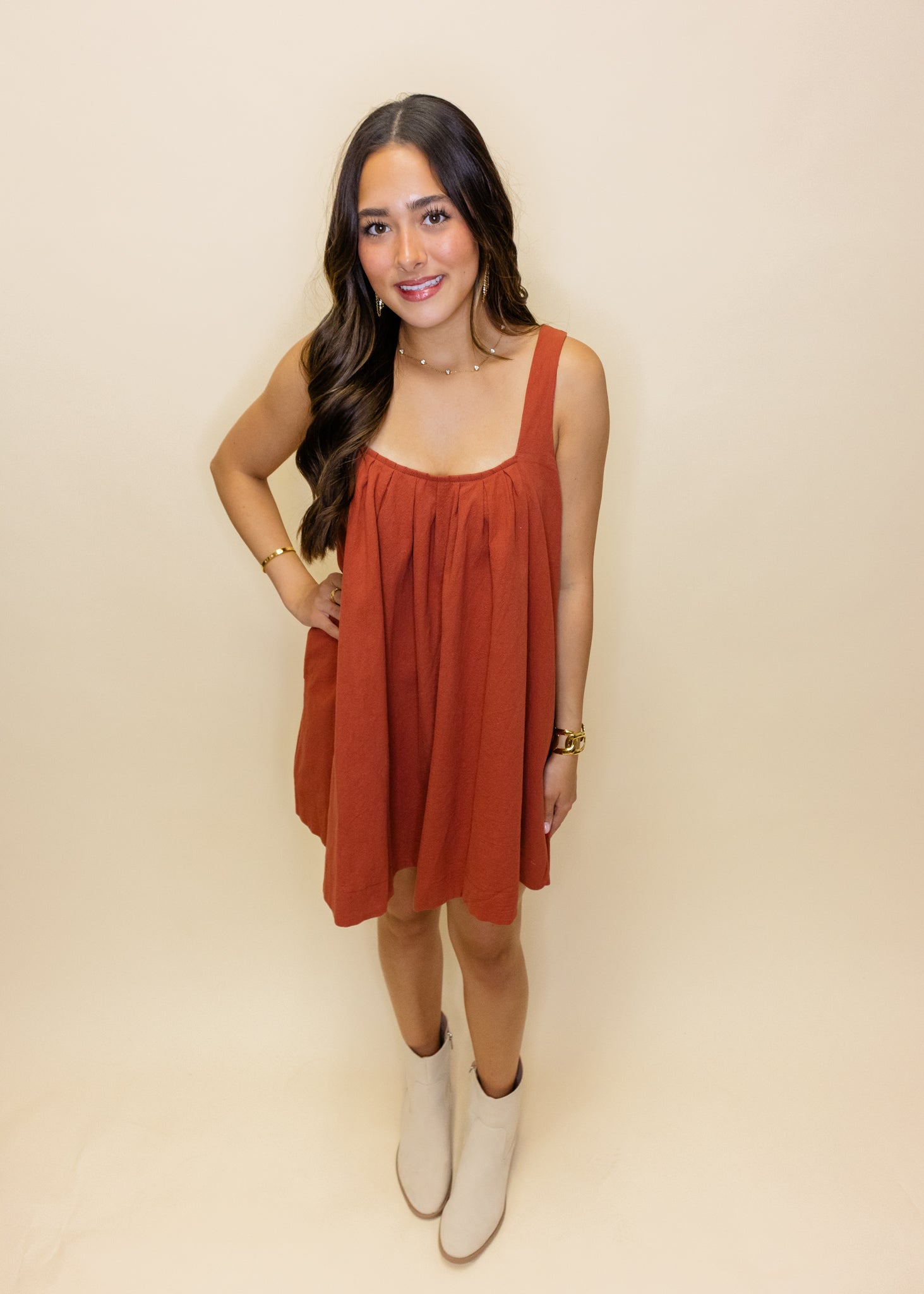 Rust Open Back Smocked Dress