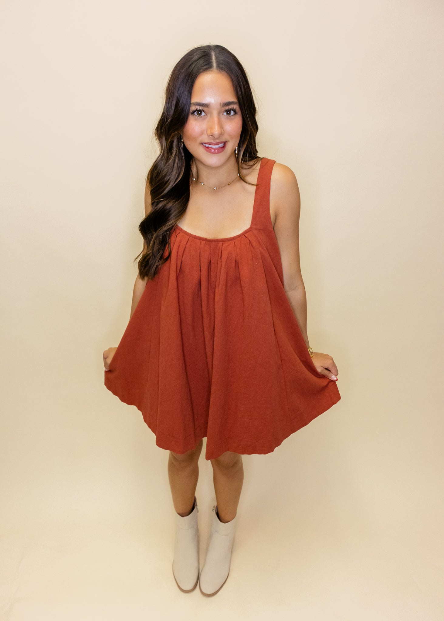 Rust Open Back Smocked Dress