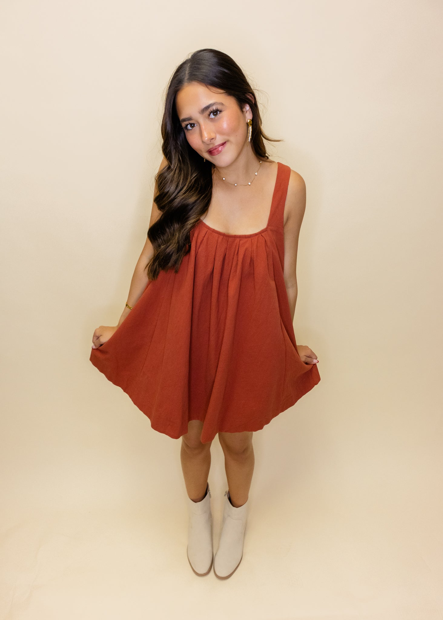 Rust Open Back Smocked Dress